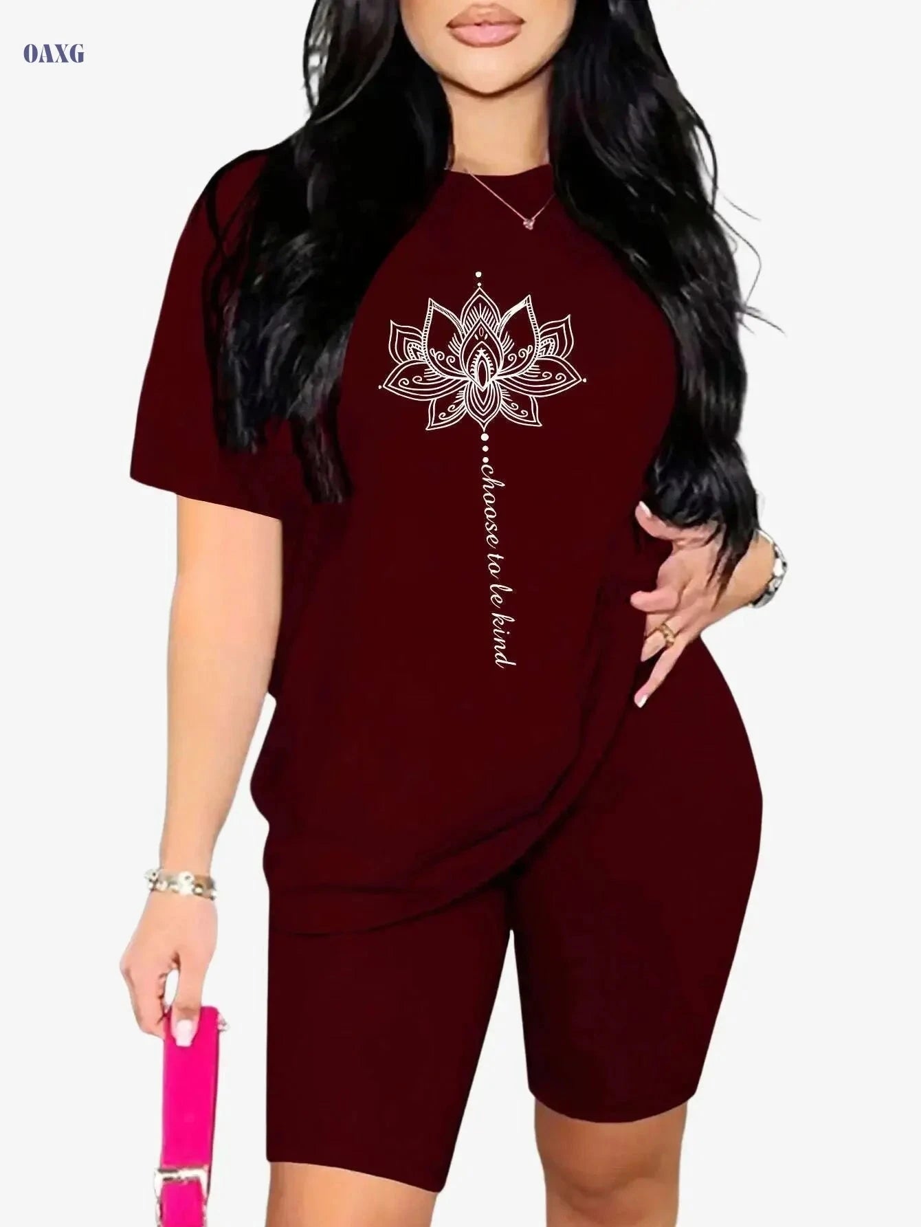 Women's Floral Lotus Workout Set - Summer Knit Crew Neck Top & Shorts   OAXG 