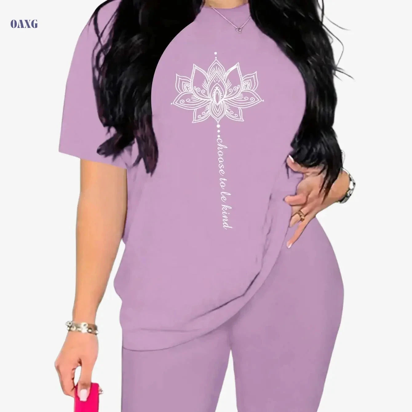 Women's Floral Lotus Workout Set - Summer Knit Crew Neck Top & Shorts   OAXG Violet / S