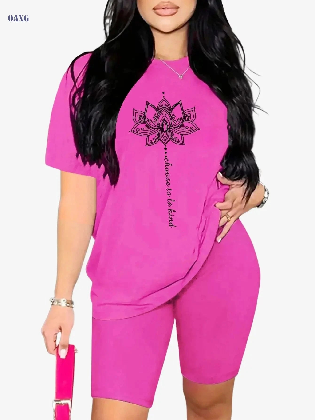 Women's Floral Lotus Workout Set - Summer Knit Crew Neck Top & Shorts   OAXG 
