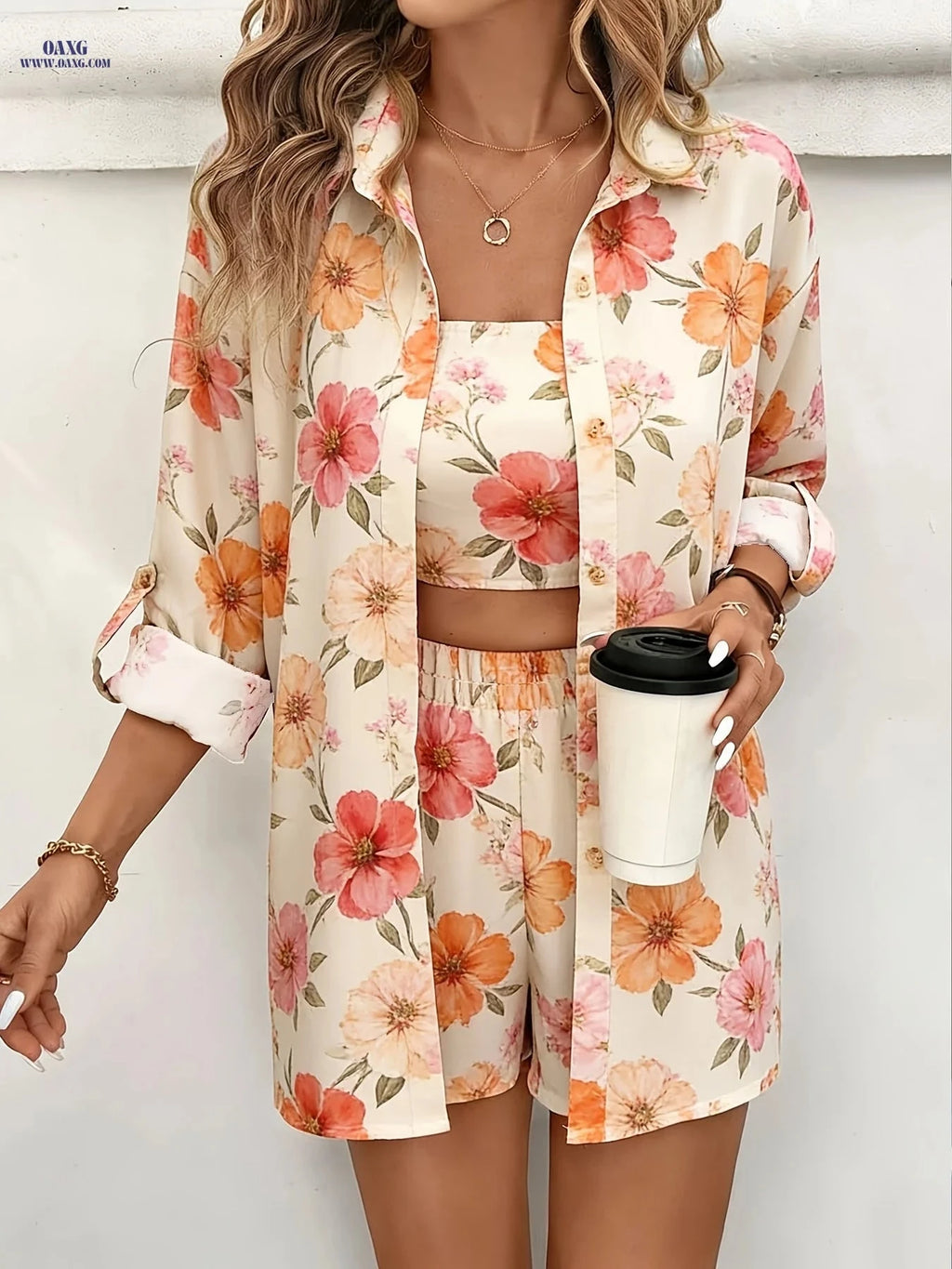 Women's Floral Print 3pcs Set - Casual Cardigan & Tube Top   OAXG 