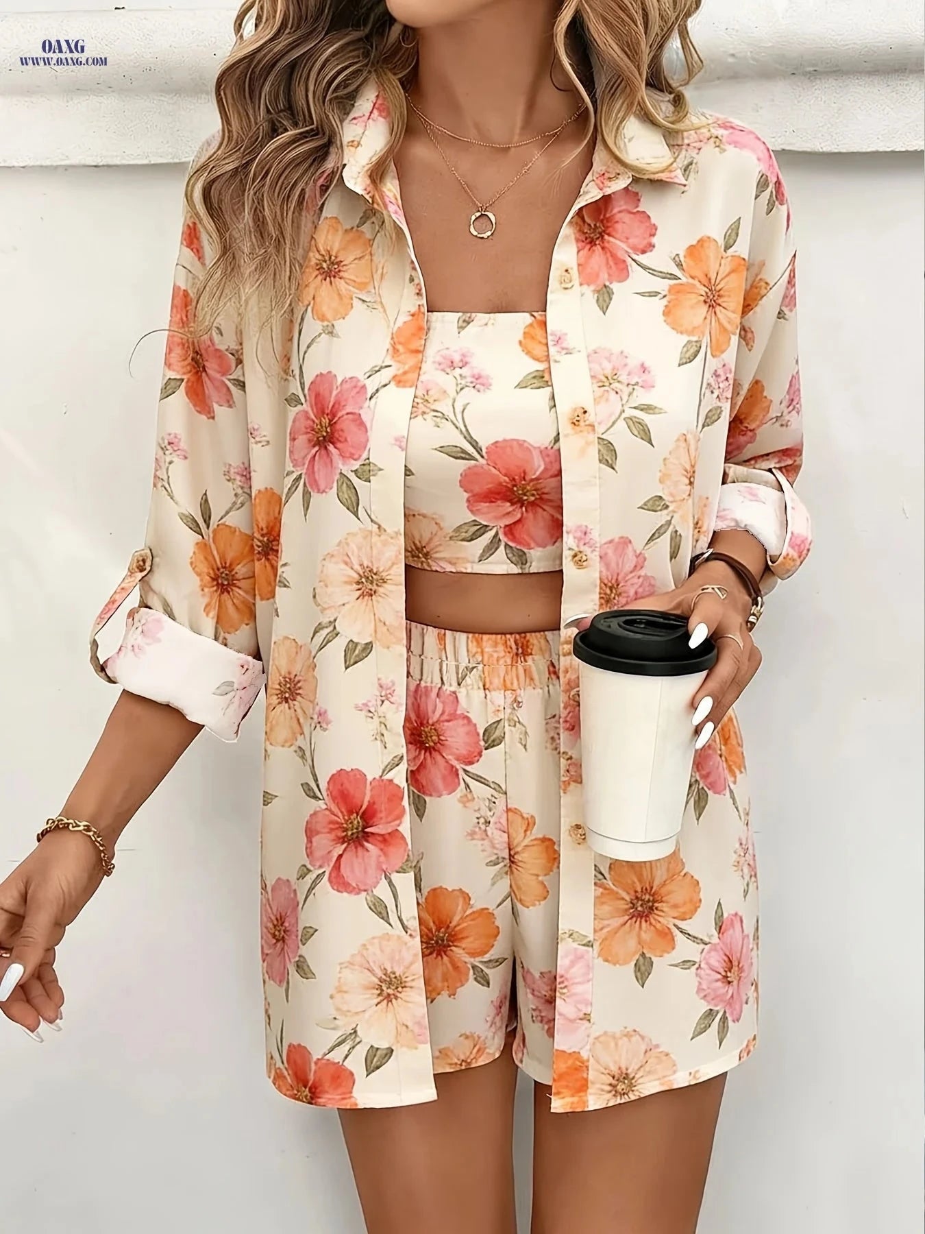 Women's Floral Print 3pcs Set - Casual Cardigan & Tube Top   OAXG 