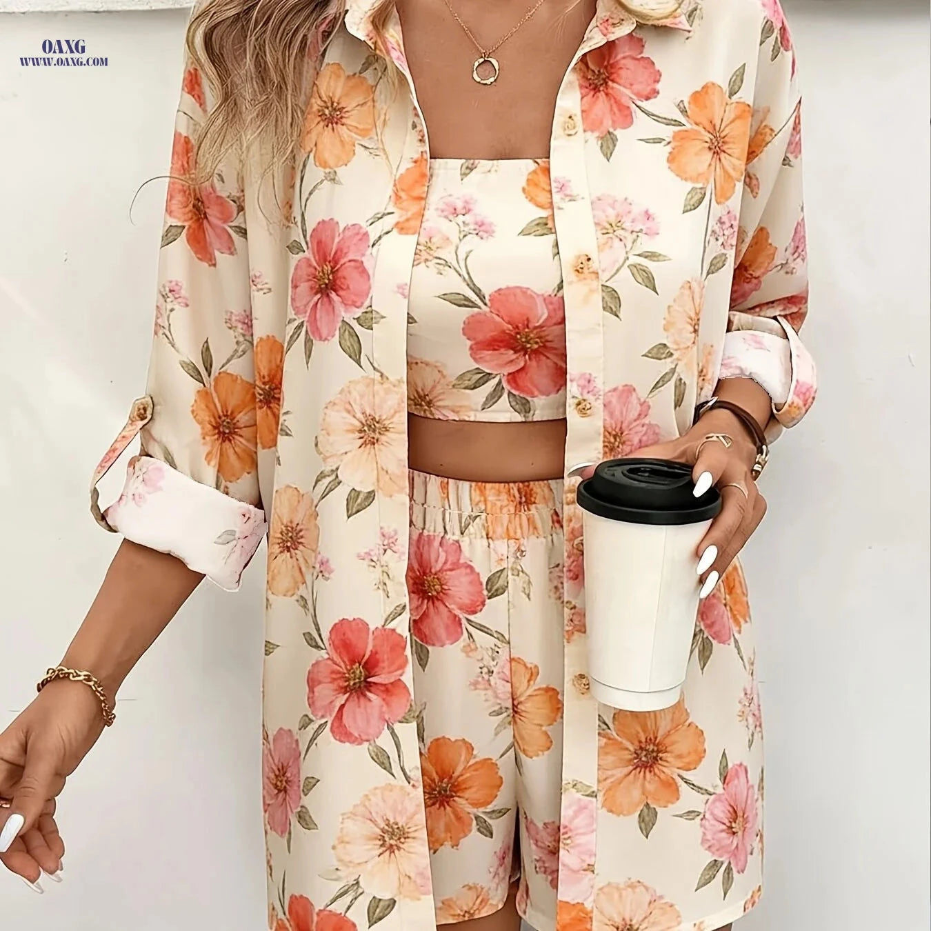 Women's Floral Print 3pcs Set - Casual Cardigan & Tube Top   OAXG Mixed colors / S