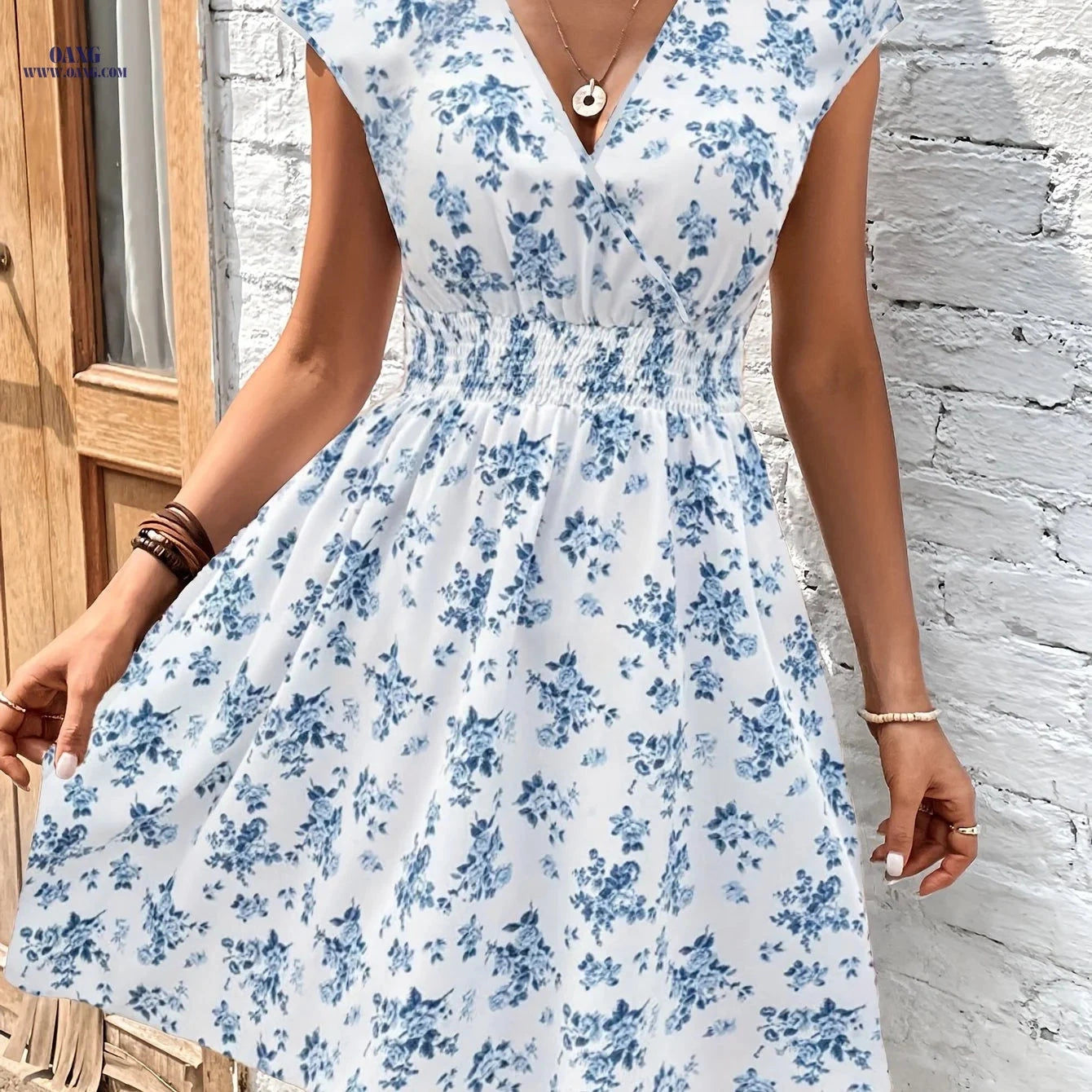 Women's Floral Print A-Line Dress - Elegant for Spring & Summer Events   OAXG White / S