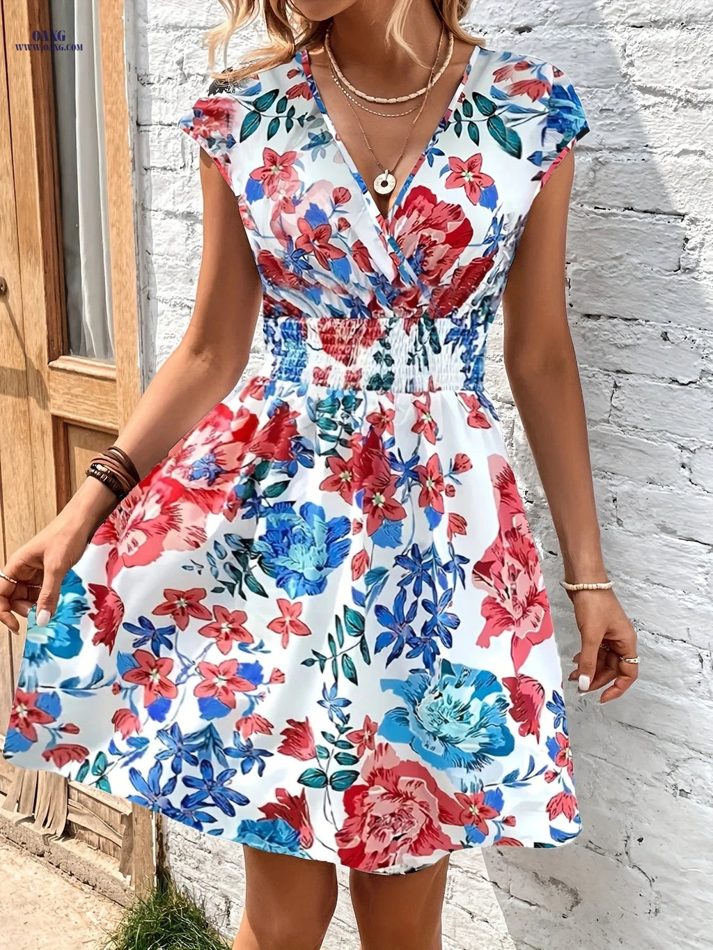 Women's Floral Print A-Line Dress - Elegant for Spring & Summer Events   OAXG White / S
