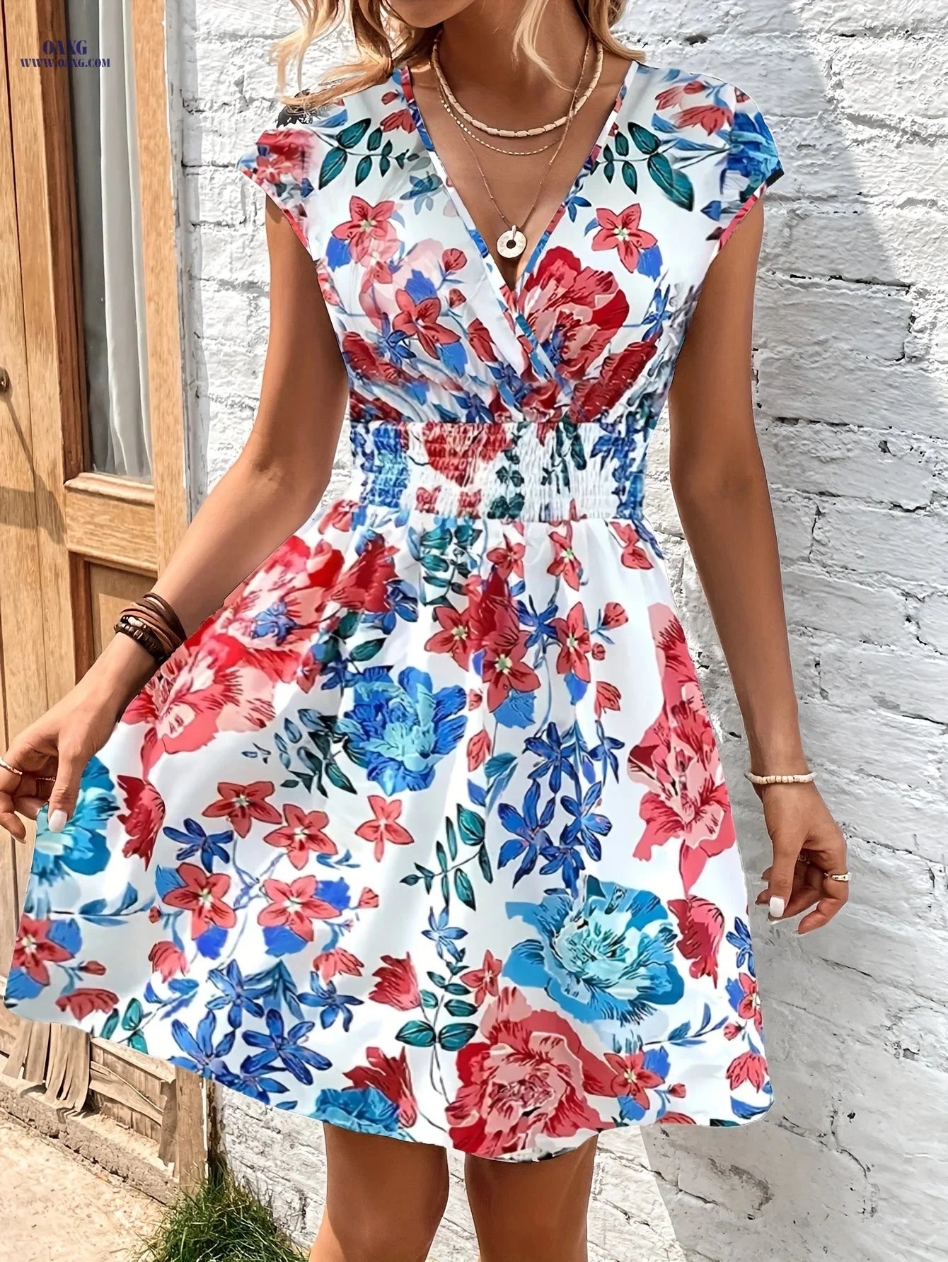 Women's Floral Print A-Line Dress - Elegant for Spring & Summer Events   OAXG White / S