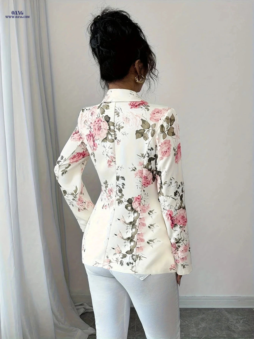 Women's Floral Print Blazer - Slim Fit Casual Business Jacket   OAXG White / S