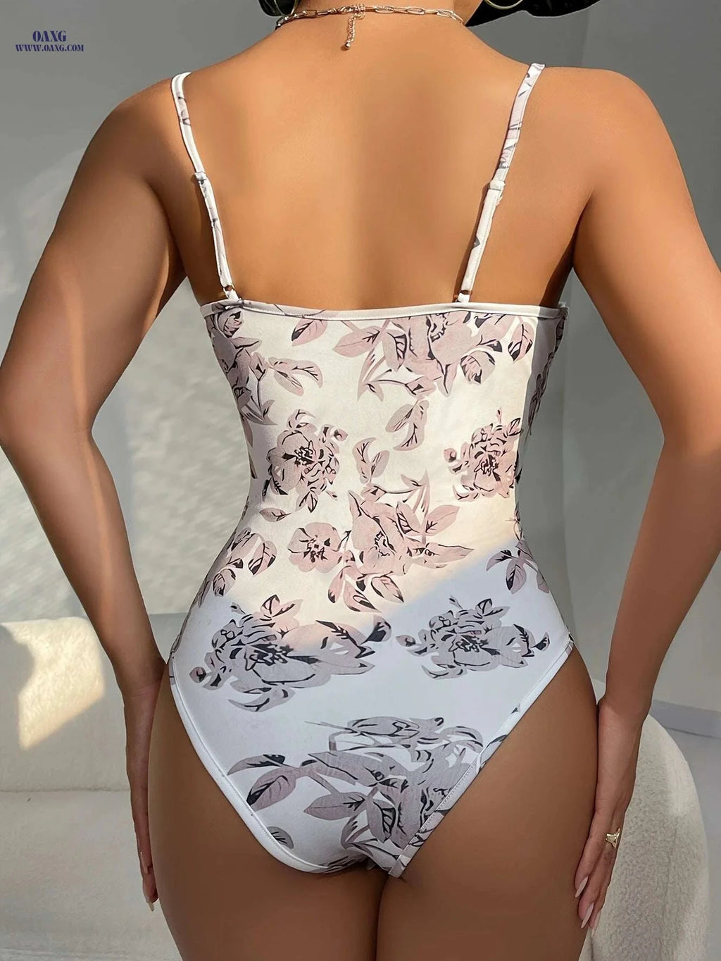 Women's Floral Print Bodysuit - Sexy V-Neck, Sleeveless Design   OAXG Mixed Color / S