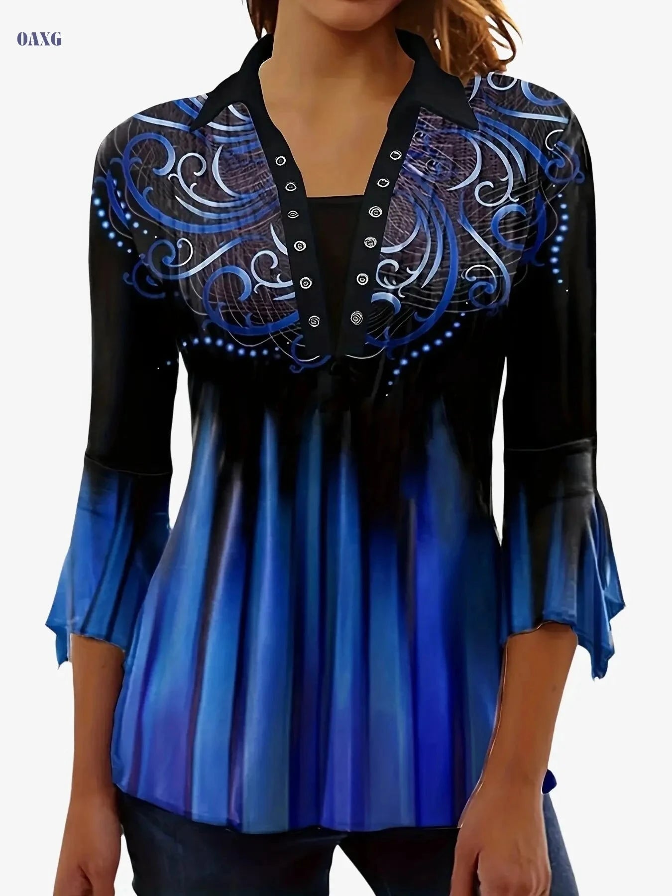 Women’s Floral Print Collared T-Shirt - Casual Three-Quarter Sleeve   OAXG 