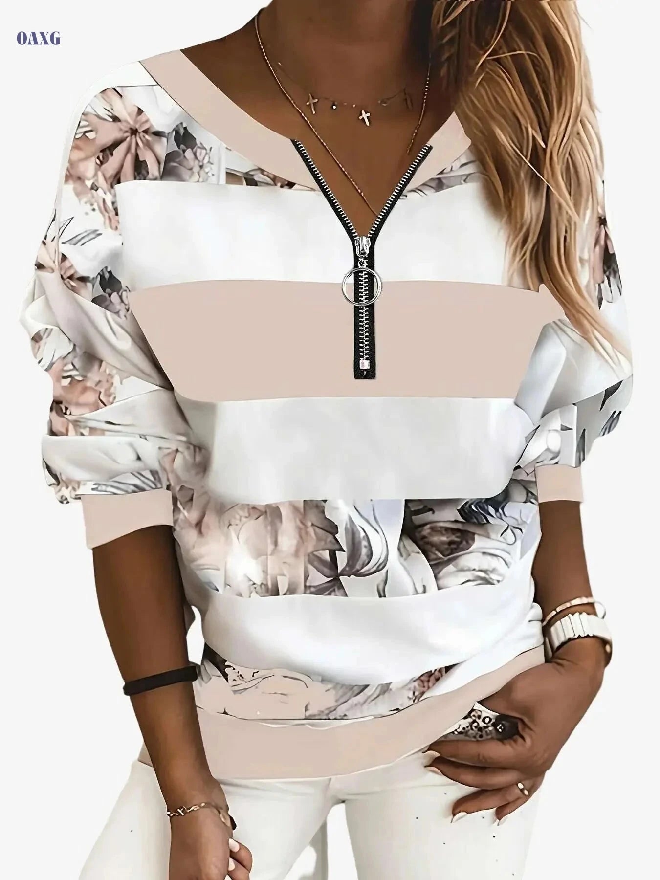 Women's Floral Print Color Block T-Shirt - Casual Zip Up for Spring   OAXG Pink Red / S