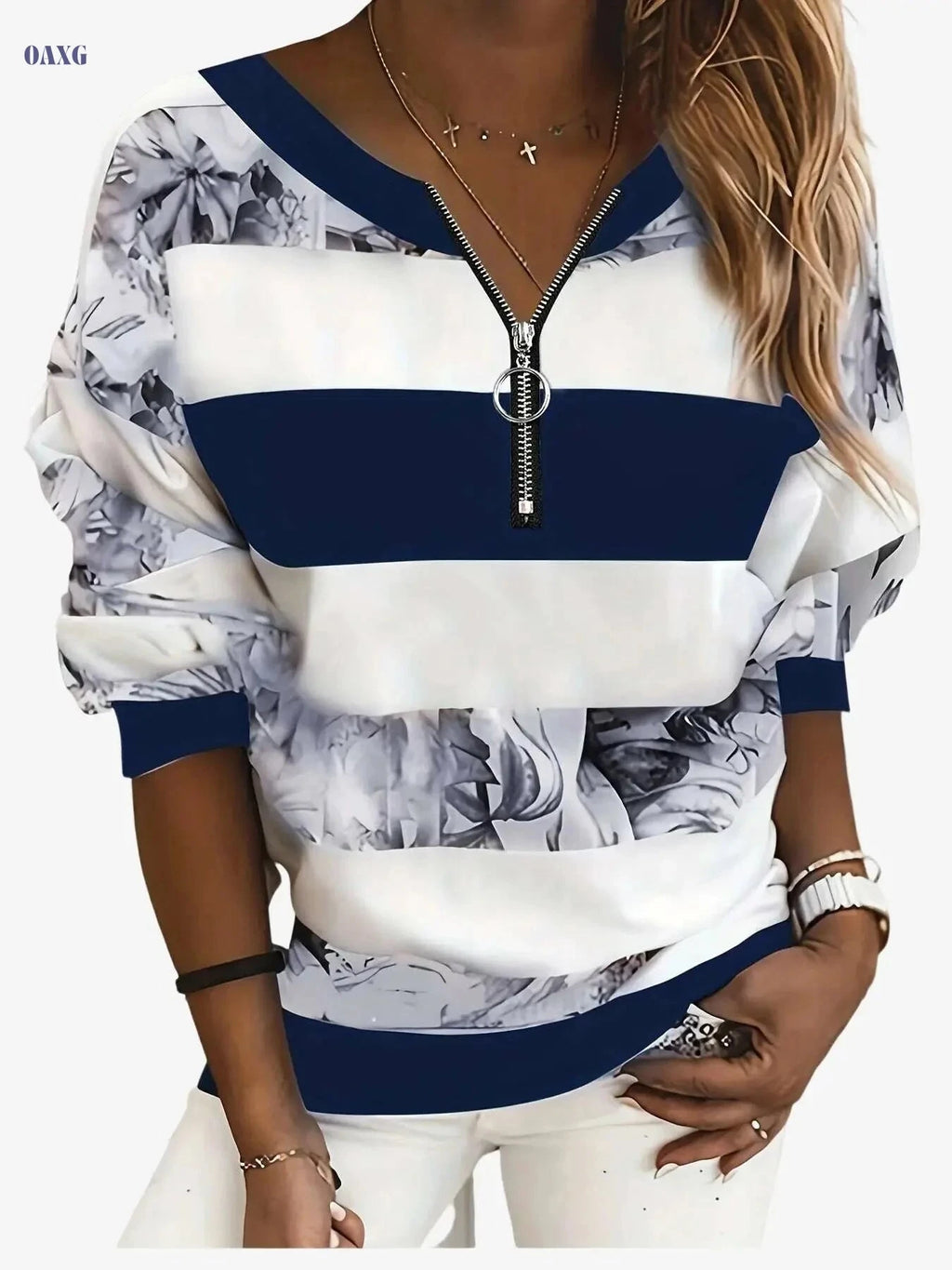 Women's Floral Print Color Block T-Shirt - Casual Zip Up for Spring   OAXG Pink Red / S