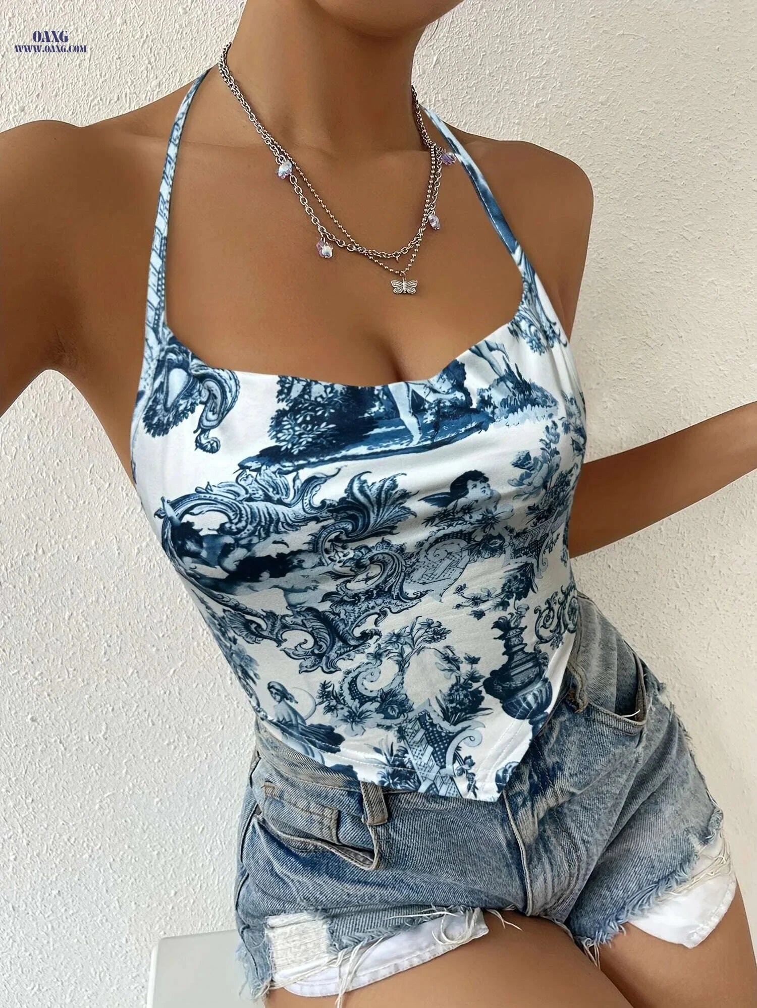 Women's Floral Print Halter Neck Top - Lightweight, Knotted Detail   OAXG Mixed Color / S