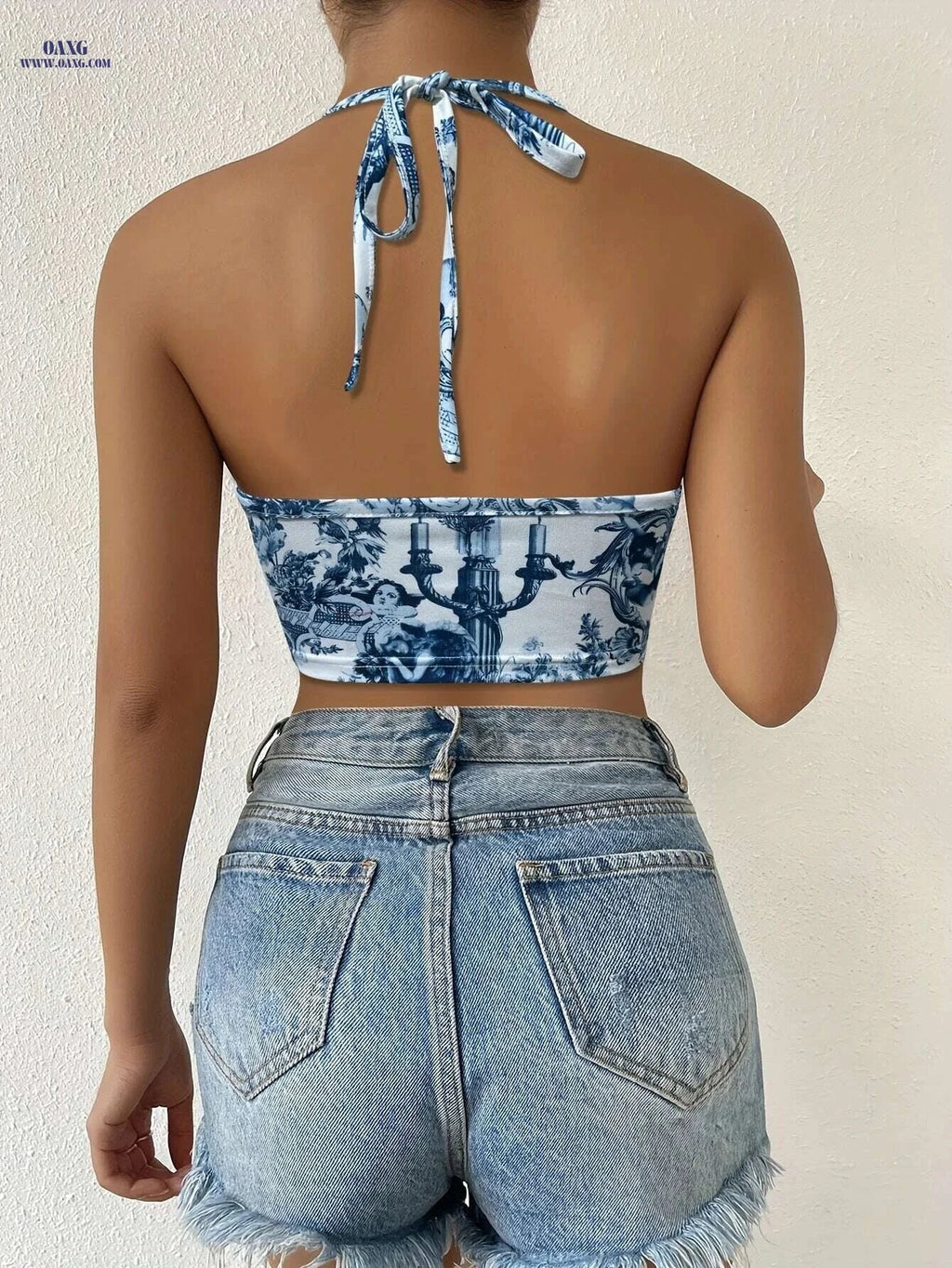 Women's Floral Print Halter Neck Top - Lightweight, Knotted Detail   OAXG Mixed Color / S