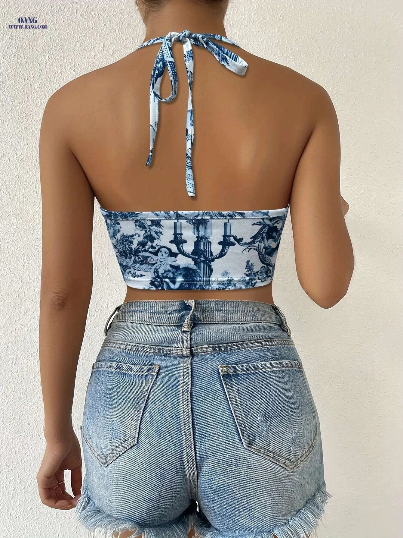 Women's Floral Print Halter Neck Top - Lightweight, Knotted Detail   OAXG Mixed Color / S