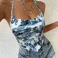 Women's Floral Print Halter Neck Top - Lightweight, Knotted Detail   OAXG Mixed Color / S