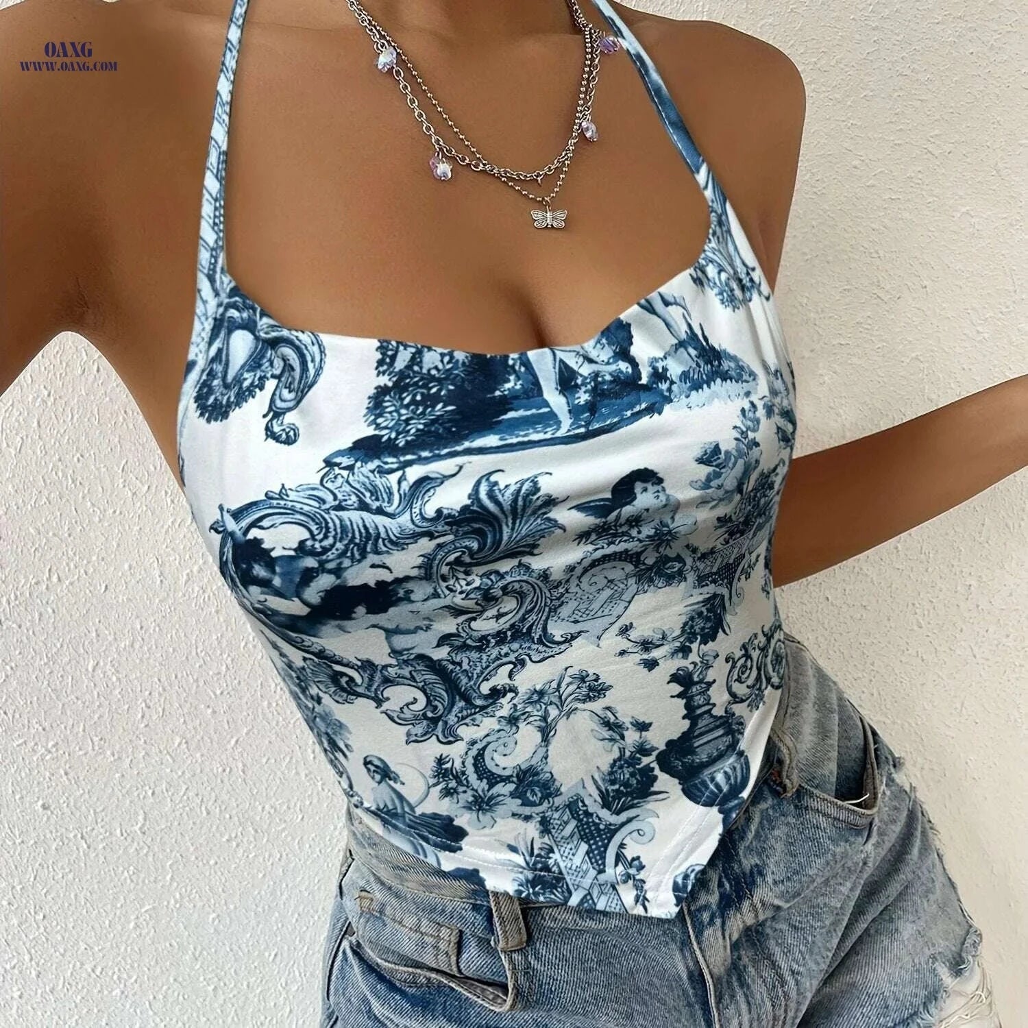 Women's Floral Print Halter Neck Top - Lightweight, Knotted Detail   OAXG Mixed Color / S