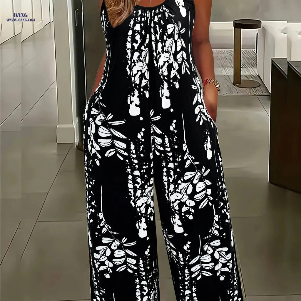 Women's Floral Print Jumpsuit - Casual Wide-Leg with Pockets   OAXG 