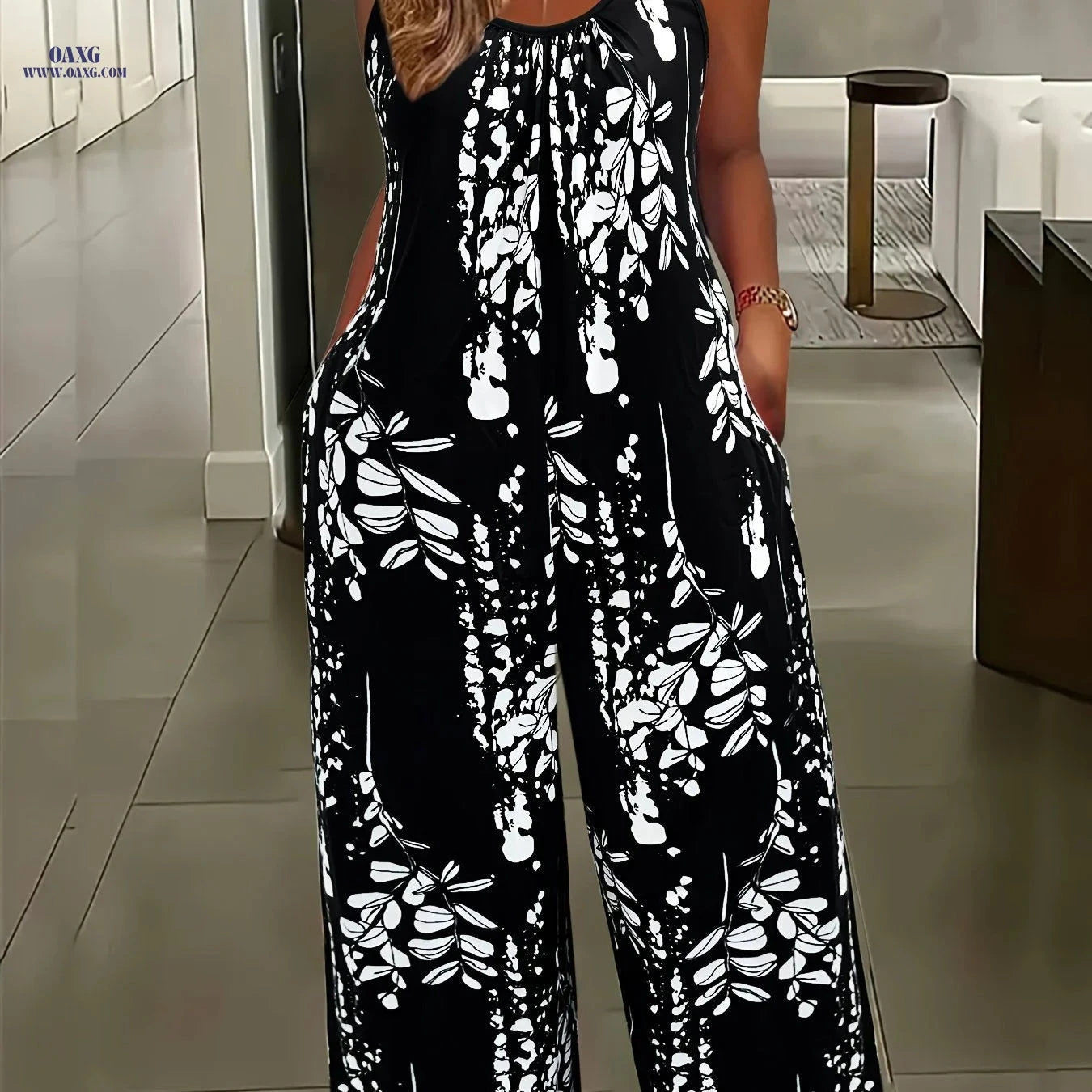 Women's Floral Print Jumpsuit - Casual Wide-Leg with Pockets   OAXG 