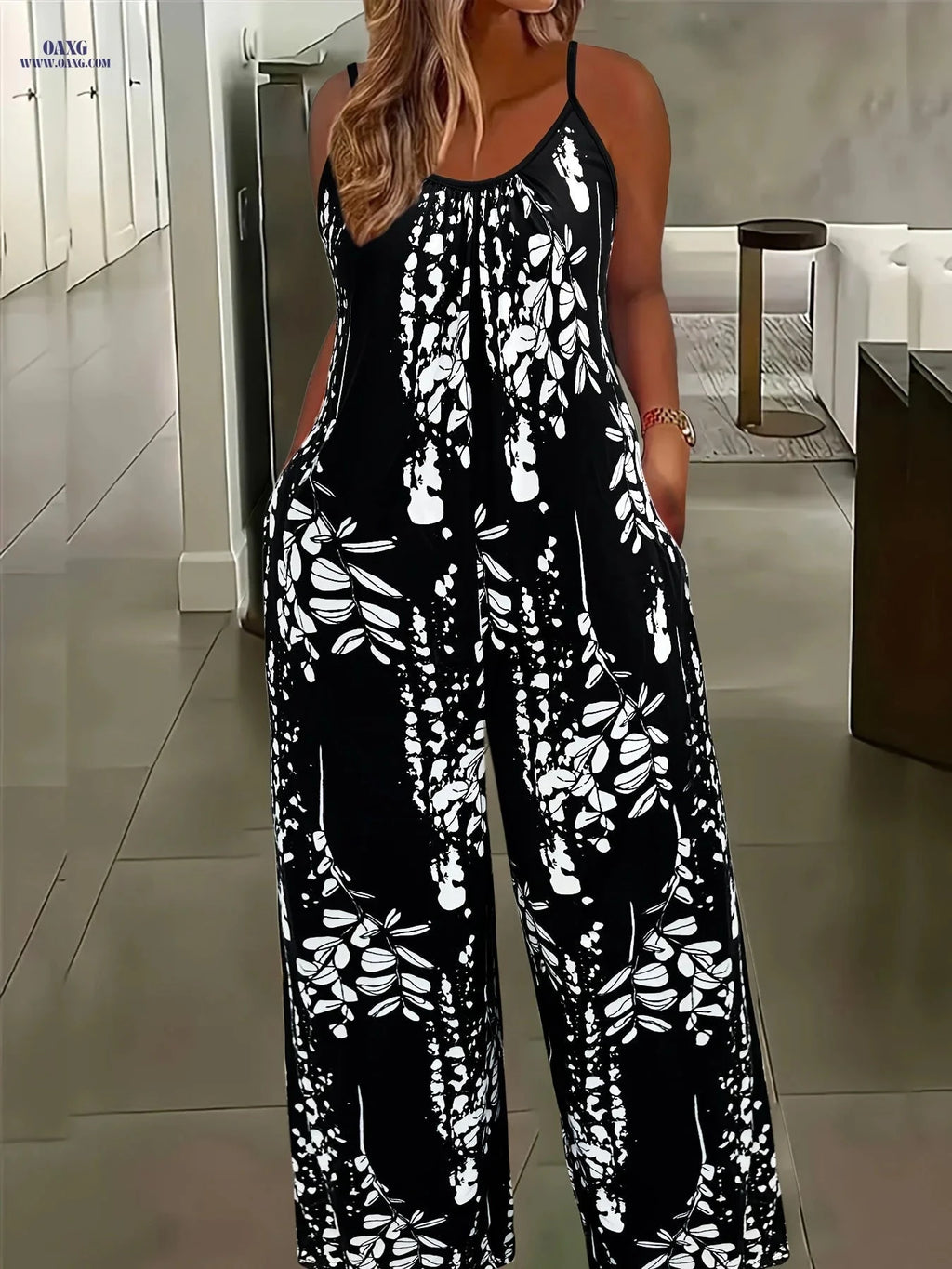 Women's Floral Print Jumpsuit - Casual Wide-Leg with Pockets   OAXG Mixed colors / S
