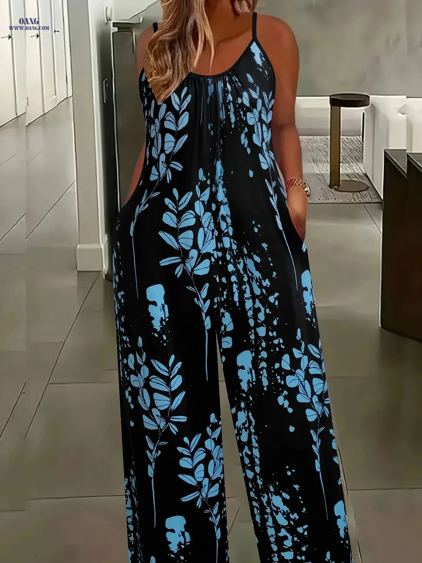 Women's Floral Print Jumpsuit - Casual Wide-Leg with Pockets   OAXG Mixed colors / S