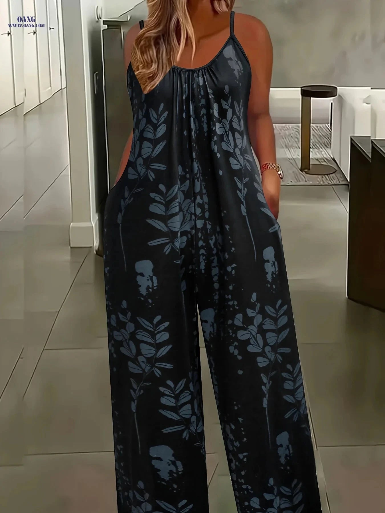 Women's Floral Print Jumpsuit - Casual Wide-Leg with Pockets   OAXG Mixed colors / S
