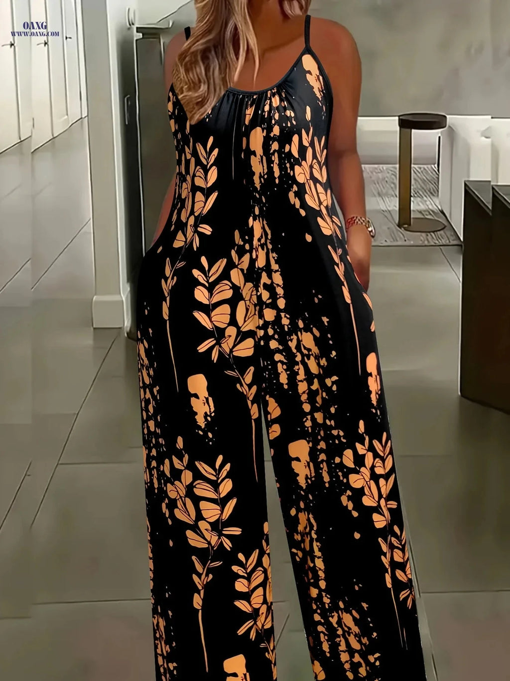 Women's Floral Print Jumpsuit - Casual Wide-Leg with Pockets   OAXG 