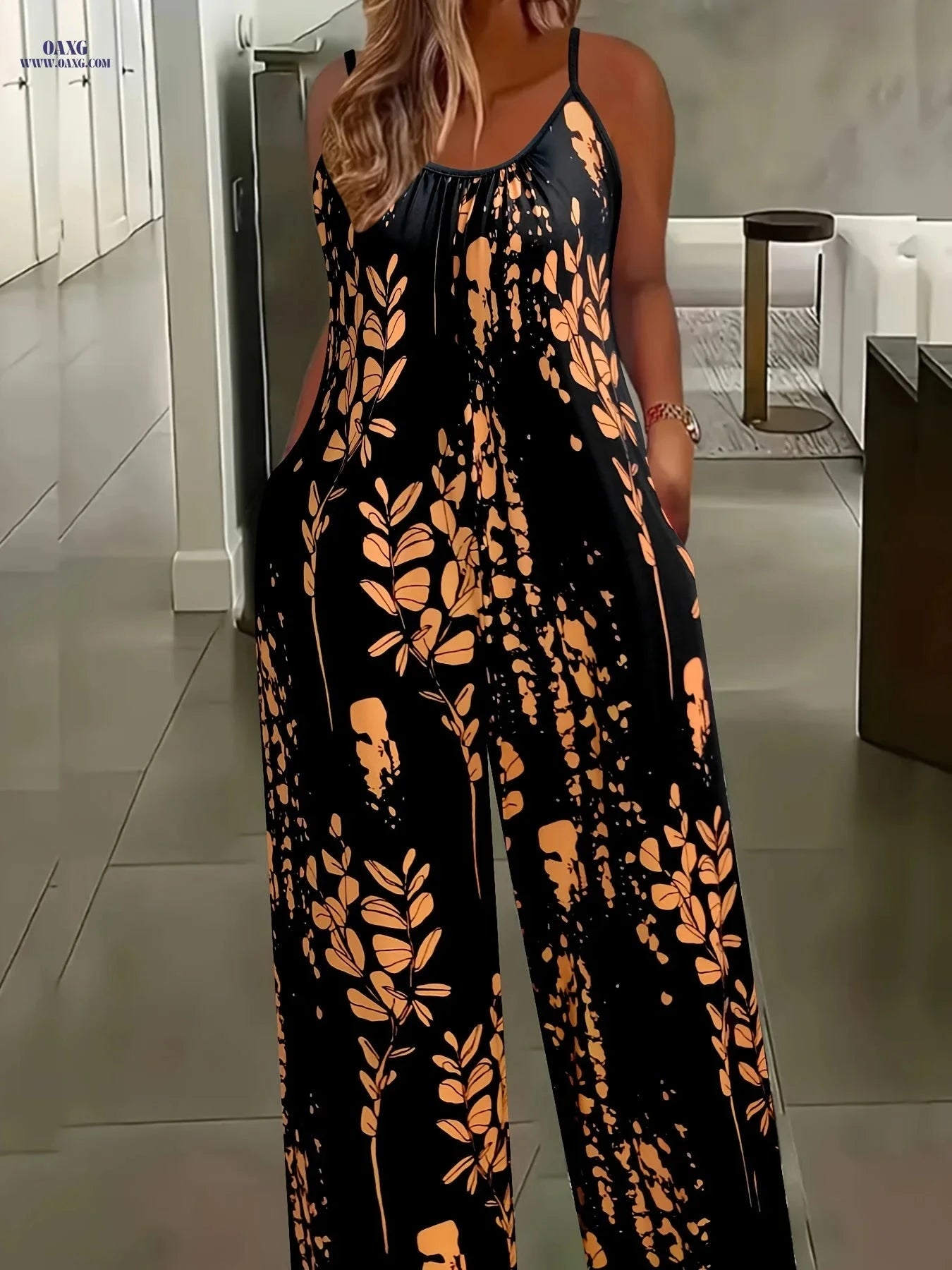 Women's Floral Print Jumpsuit - Casual Wide-Leg with Pockets   OAXG 