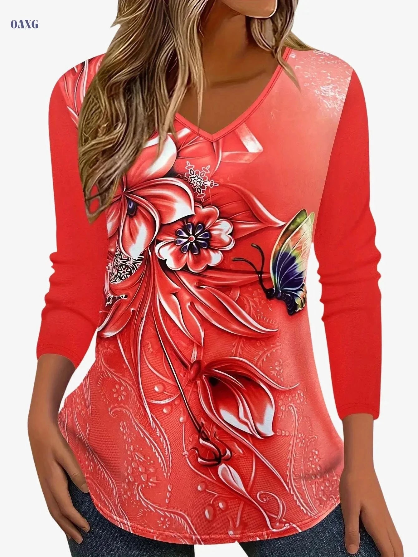 Women's Floral Print Long Sleeve V-Neck T-Shirt - Casual & Soft Top   OAXG 