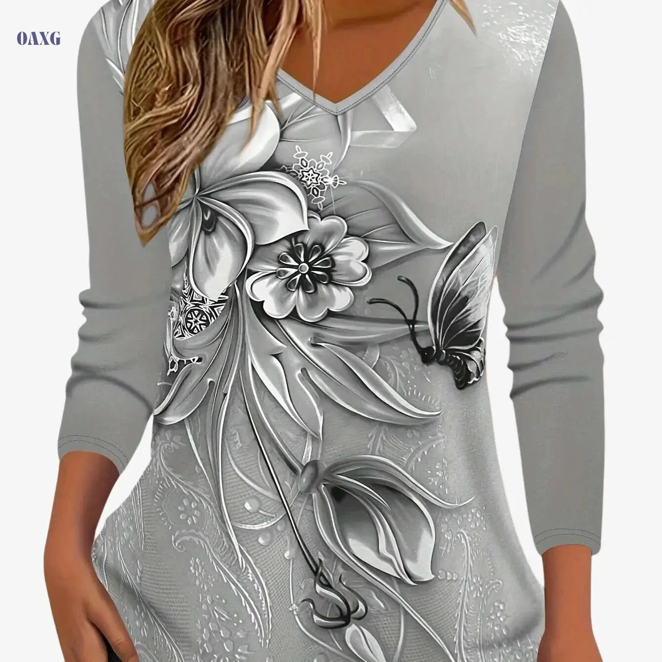 Women's Floral Print Long Sleeve V-Neck T-Shirt - Casual & Soft Top   OAXG 