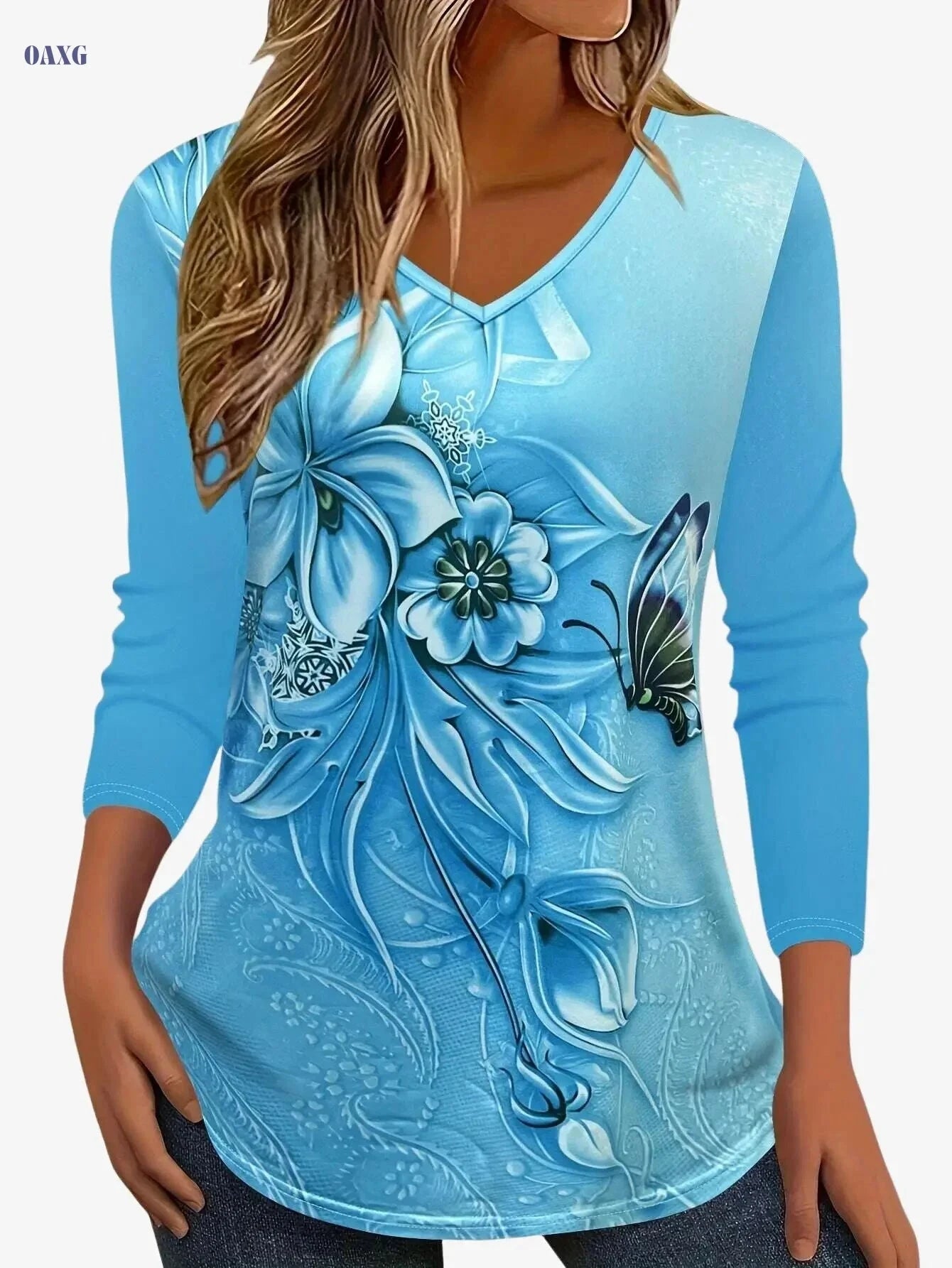 Women's Floral Print Long Sleeve V-Neck T-Shirt - Casual & Soft Top   OAXG 