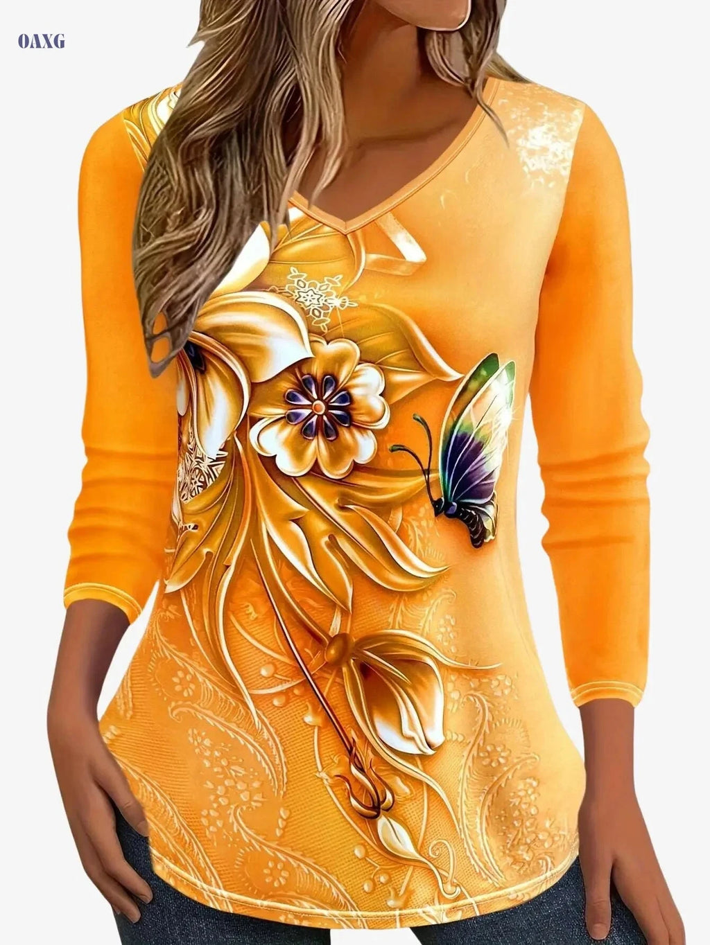 Women's Floral Print Long Sleeve V-Neck T-Shirt - Casual & Soft Top   OAXG 