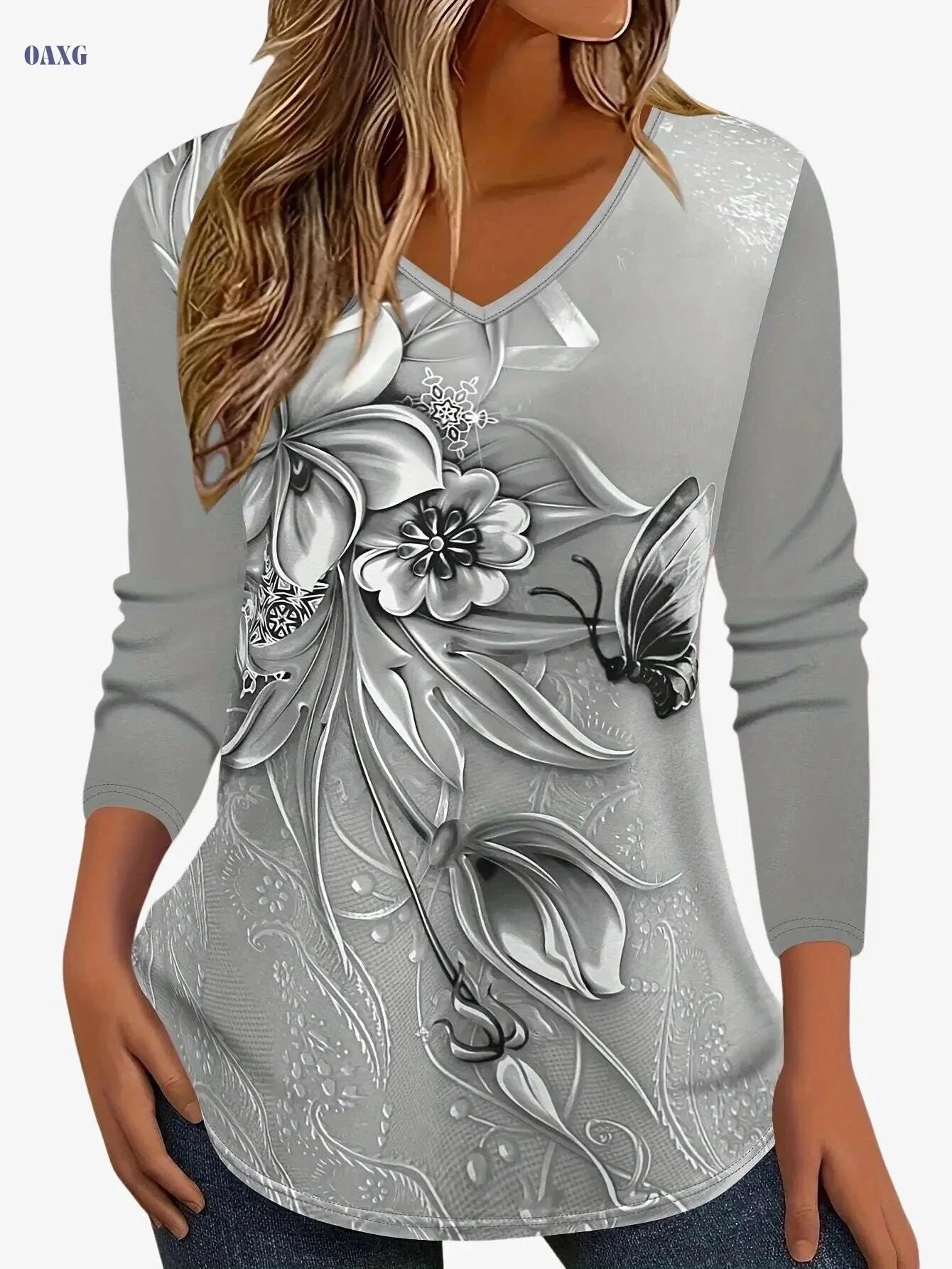 Women's Floral Print Long Sleeve V-Neck T-Shirt - Casual & Soft Top   OAXG Orange / S