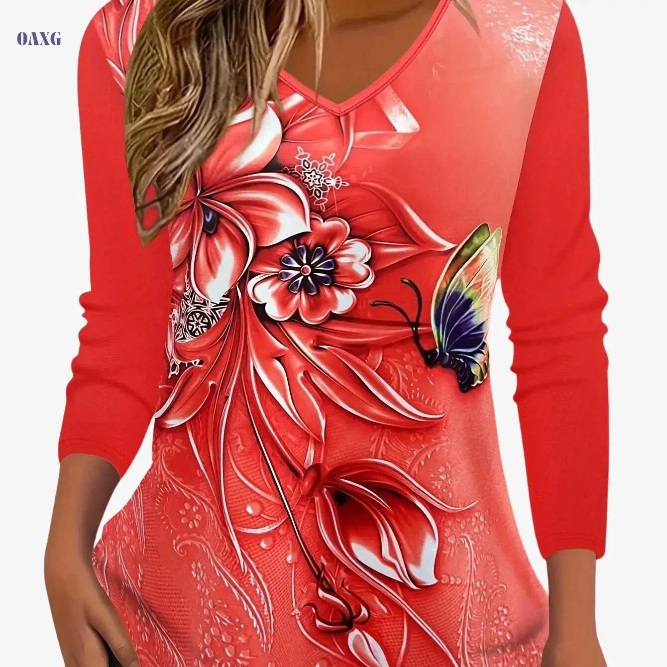 Women's Floral Print Long Sleeve V-Neck T-Shirt - Casual & Soft Top   OAXG Orange / S