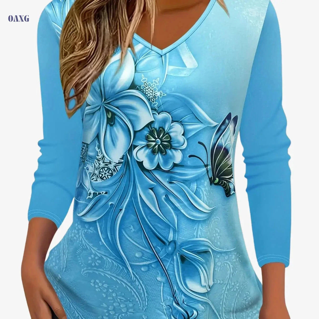 Women's Floral Print Long Sleeve V-Neck T-Shirt - Casual & Soft Top   OAXG Orange / S