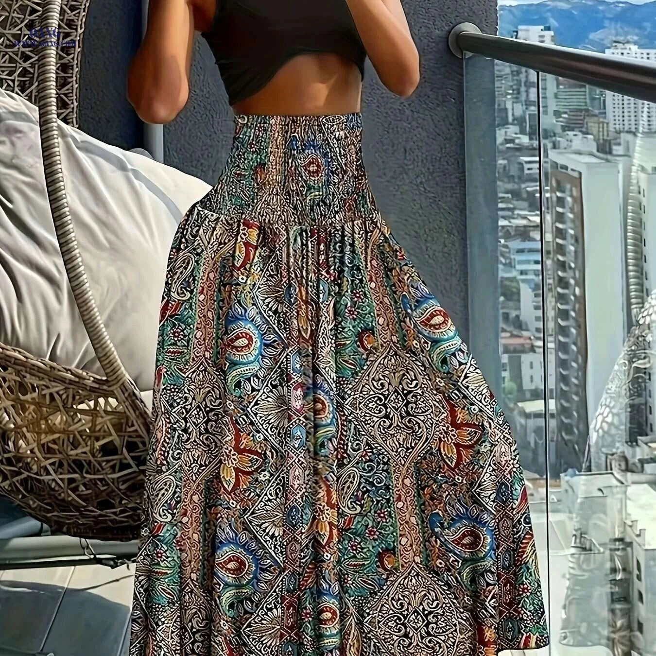 Women's Floral Print Midi Skirt - Lightweight, Vibrant Spring Style   OAXG 