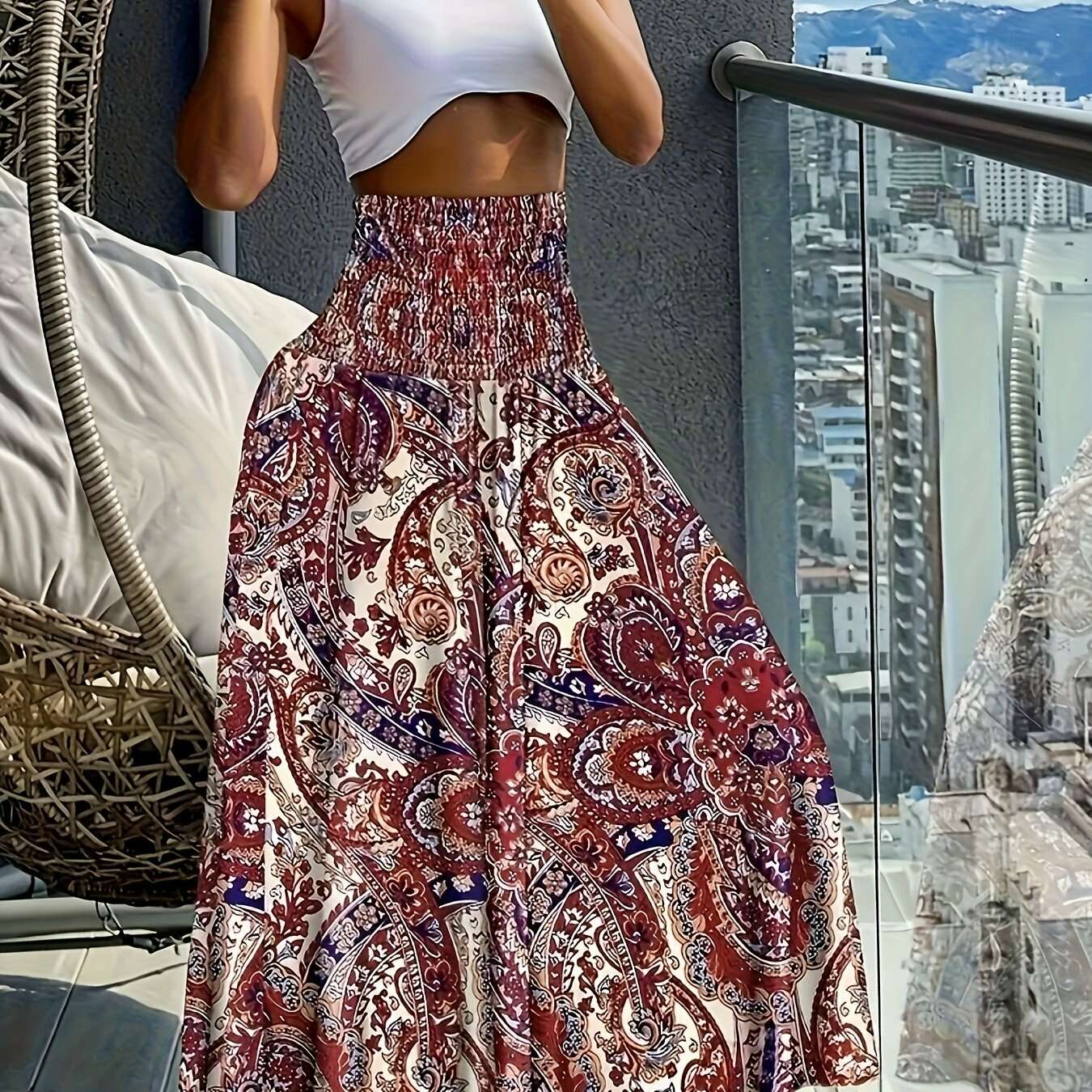 Women's Floral Print Midi Skirt - Lightweight, Vibrant Spring Style   OAXG 