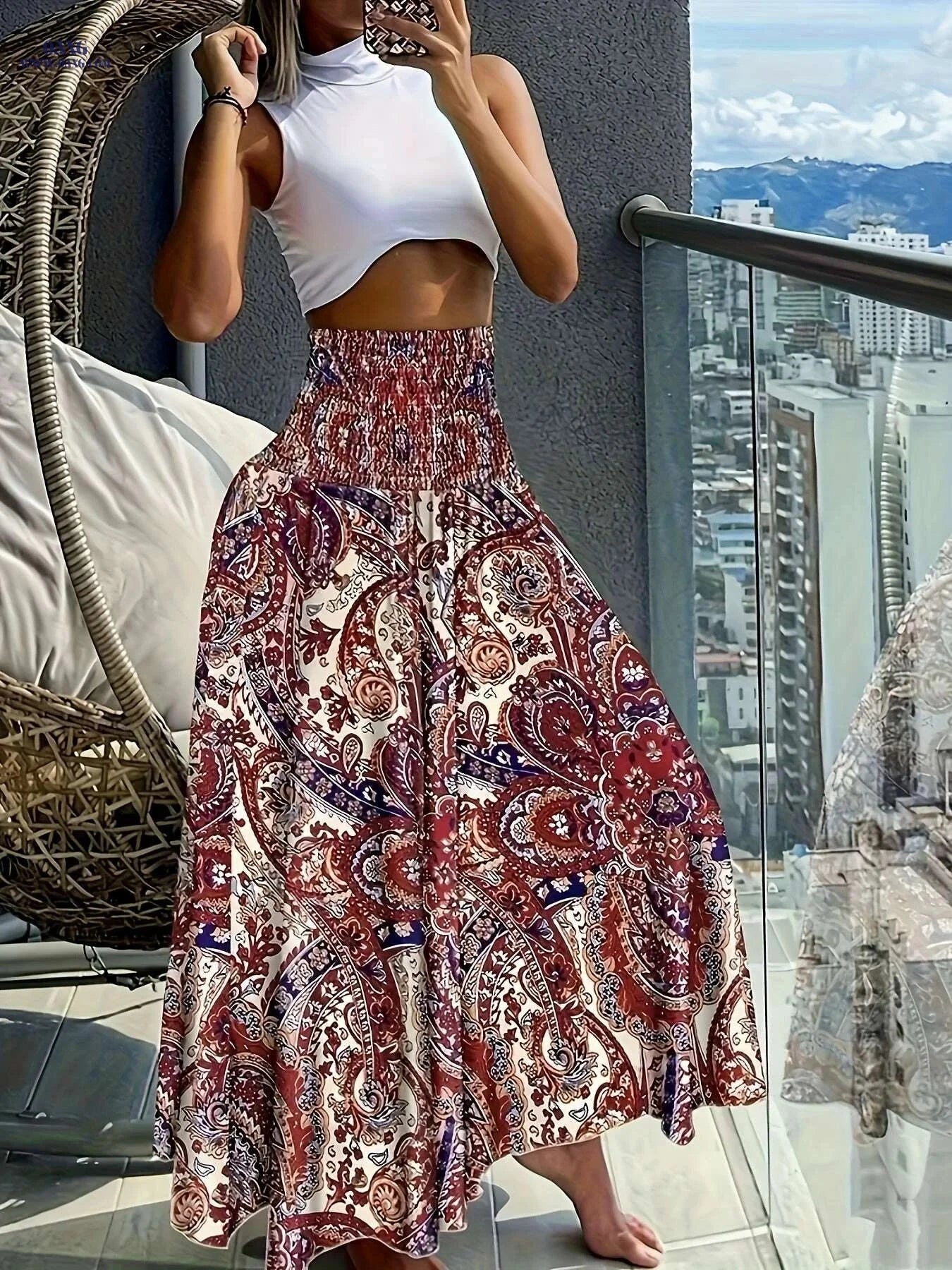 Women's Floral Print Midi Skirt - Lightweight, Vibrant Spring Style   OAXG 