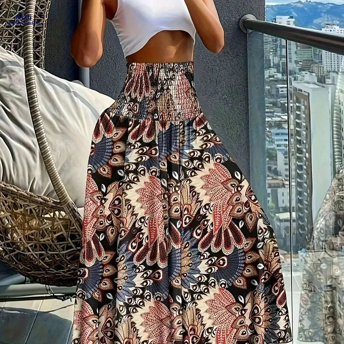 Women's Floral Print Midi Skirt - Lightweight, Vibrant Spring Style   OAXG 