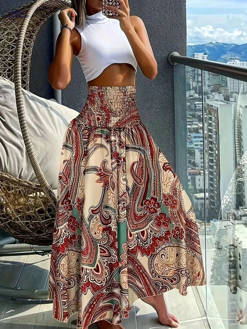 Women's Floral Print Midi Skirt - Lightweight, Vibrant Spring Style   OAXG 