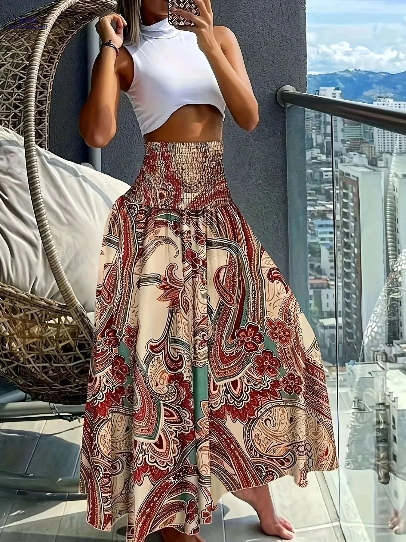 Women's Floral Print Midi Skirt - Lightweight, Vibrant Spring Style   OAXG 