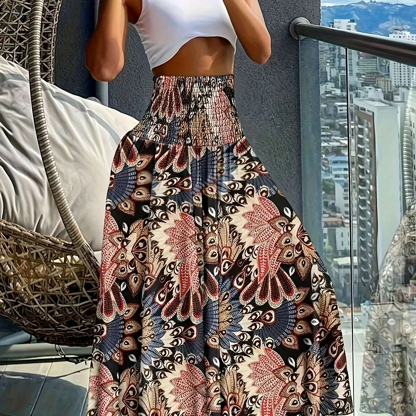 Women's Floral Print Midi Skirt - Lightweight, Vibrant Spring Style   OAXG Polychrome / S