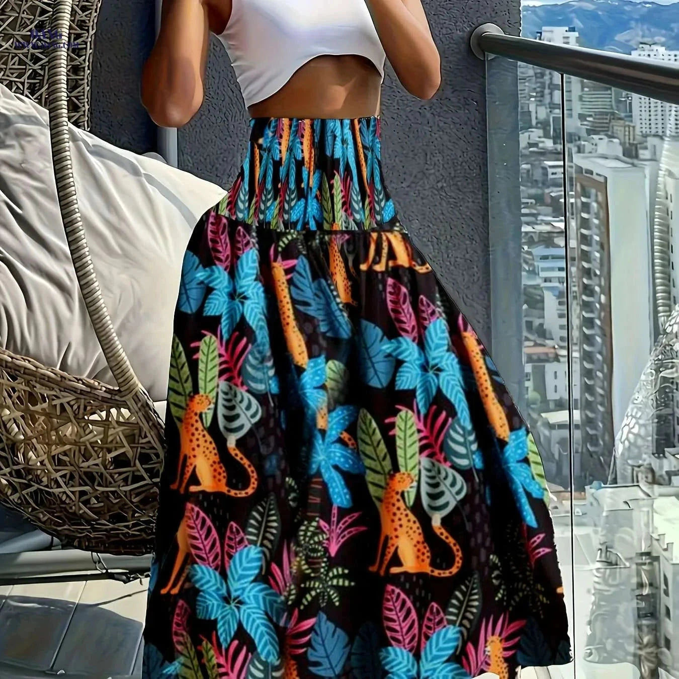 Women's Floral Print Midi Skirt - Lightweight, Vibrant Spring Style   OAXG Polychrome / S