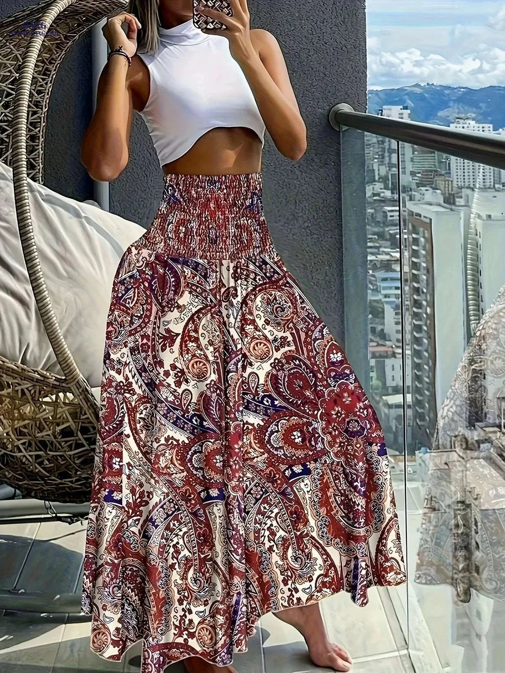 Women's Floral Print Midi Skirt - Lightweight, Vibrant Spring Style   OAXG Polychrome / S