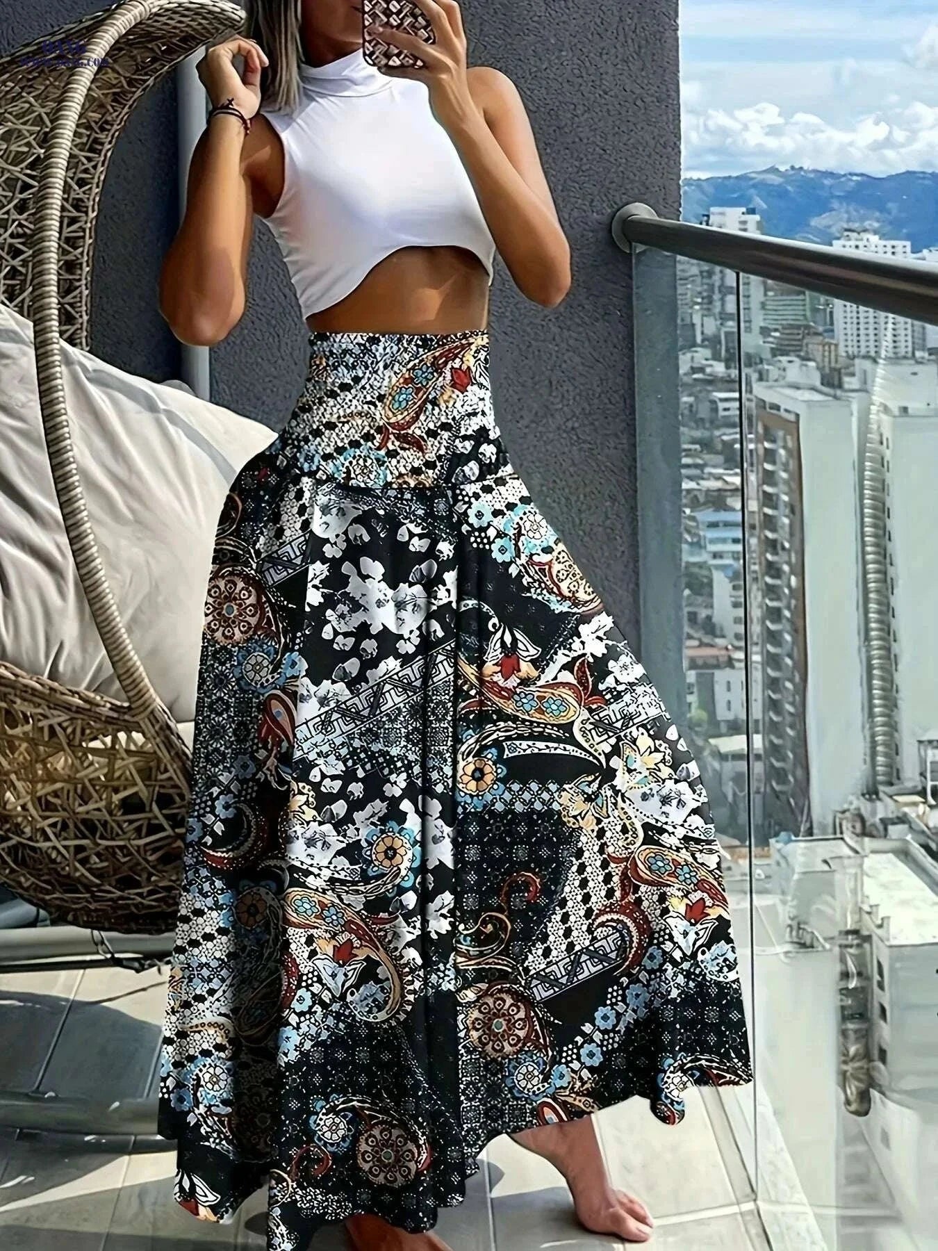 Women's Floral Print Midi Skirt - Lightweight, Vibrant Spring Style   OAXG Polychrome / S