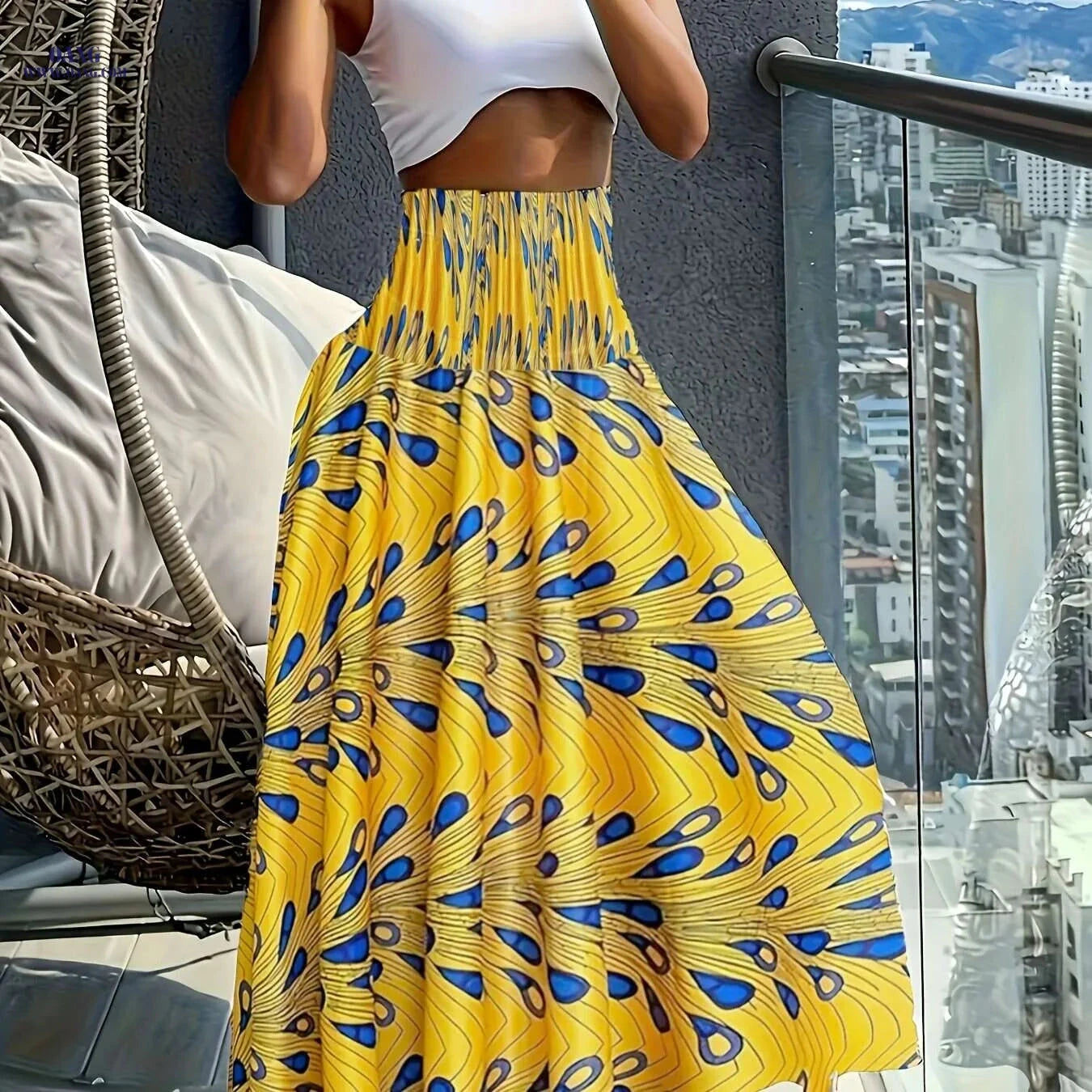 Women's Floral Print Midi Skirt - Lightweight, Vibrant Spring Style   OAXG Polychrome / S