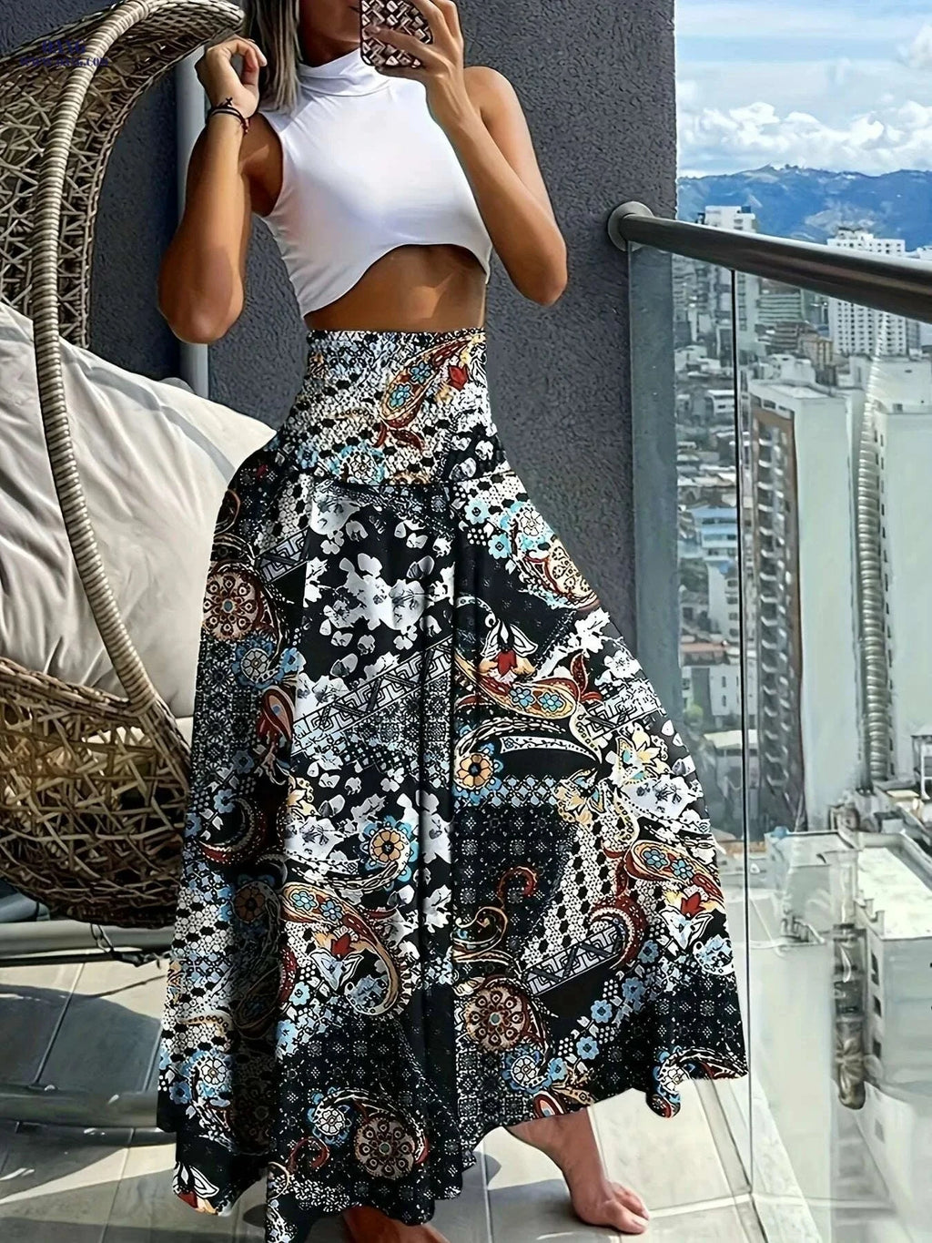 Women's Floral Print Midi Skirt - Lightweight, Vibrant Spring Style   OAXG Polychrome / S