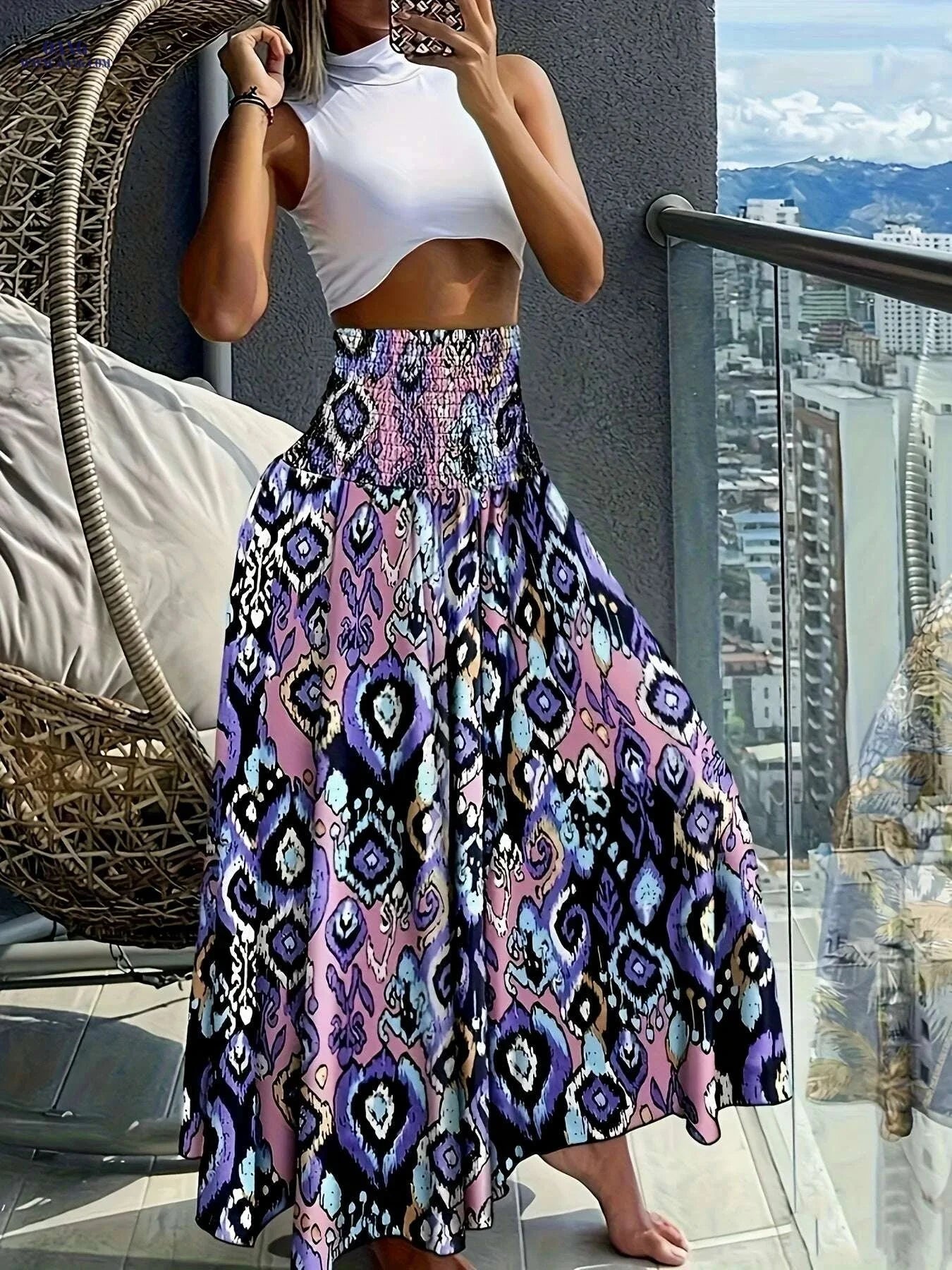 Women's Floral Print Midi Skirt - Lightweight, Vibrant Spring Style   OAXG Polychrome / S