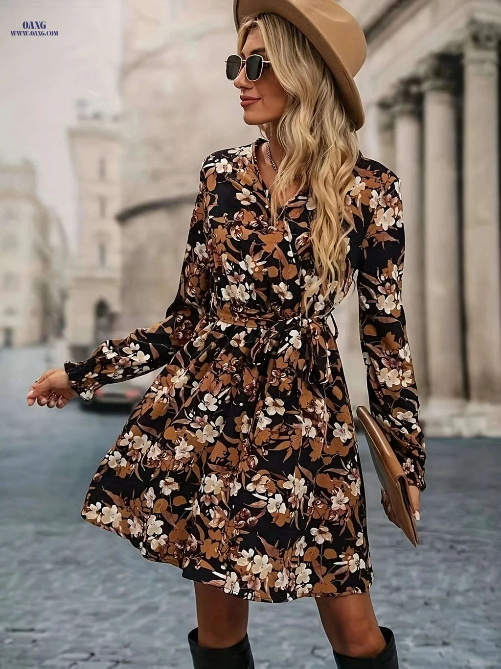 Women's Floral Print Peplum Dress with Bishop Sleeves - Casual Elegance   OAXG 