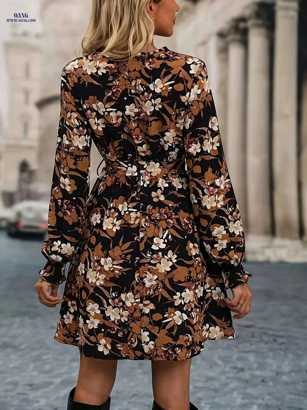 Women's Floral Print Peplum Dress with Bishop Sleeves - Casual Elegance   OAXG Multicolor / S