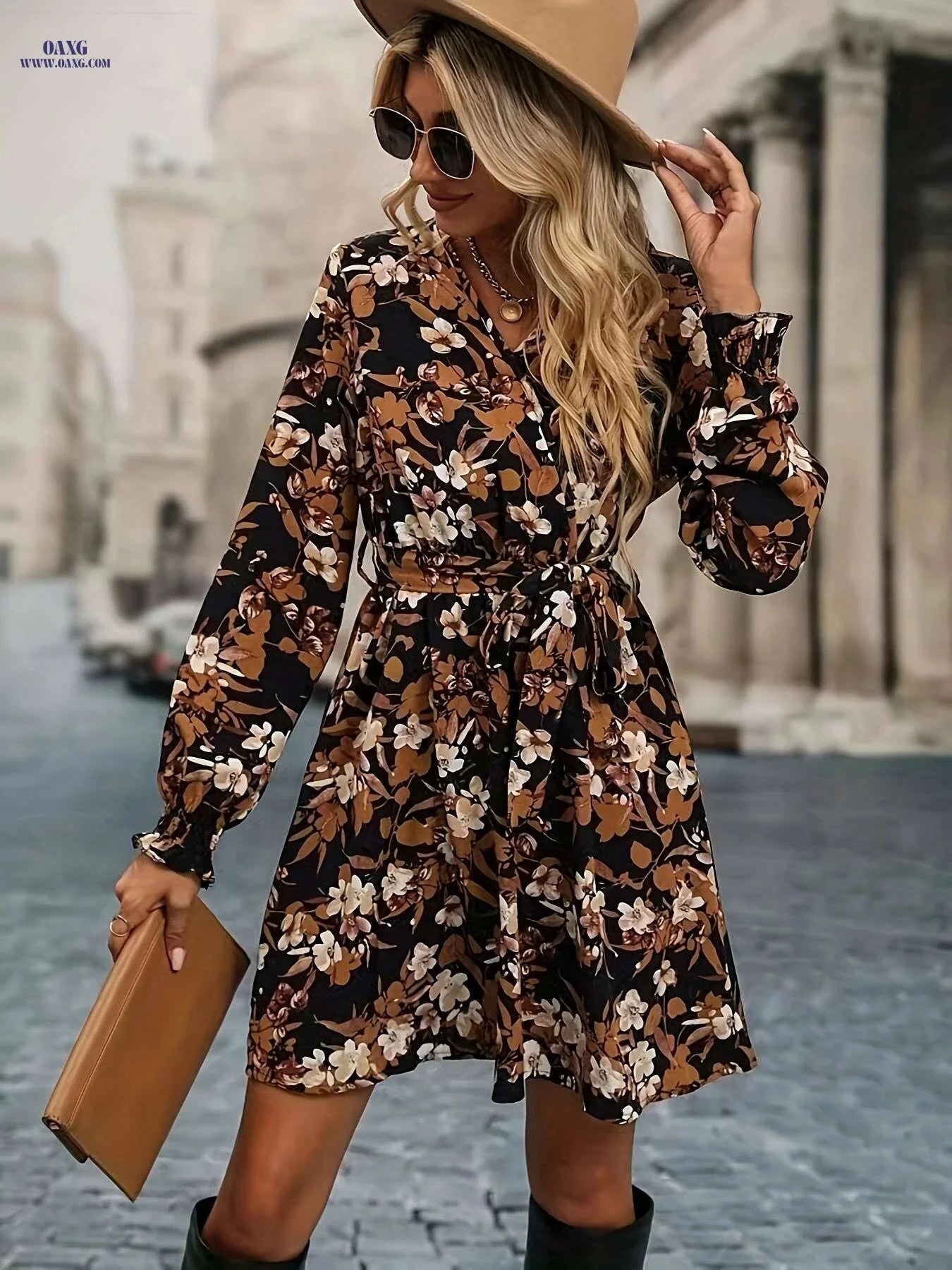 Women's Floral Print Peplum Dress with Bishop Sleeves - Casual Elegance   OAXG Multicolor / S