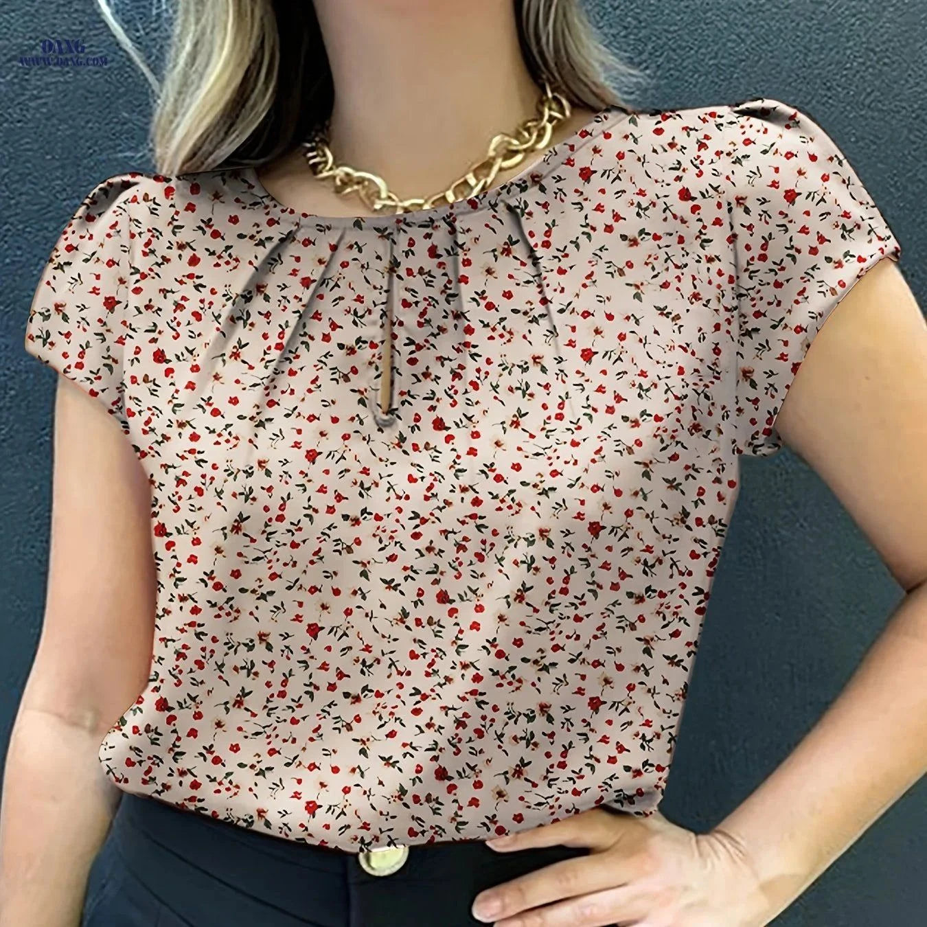 Women's Floral Print Pleated Blouse - Casual Short Sleeve Top   OAXG Red Polka Dots / S